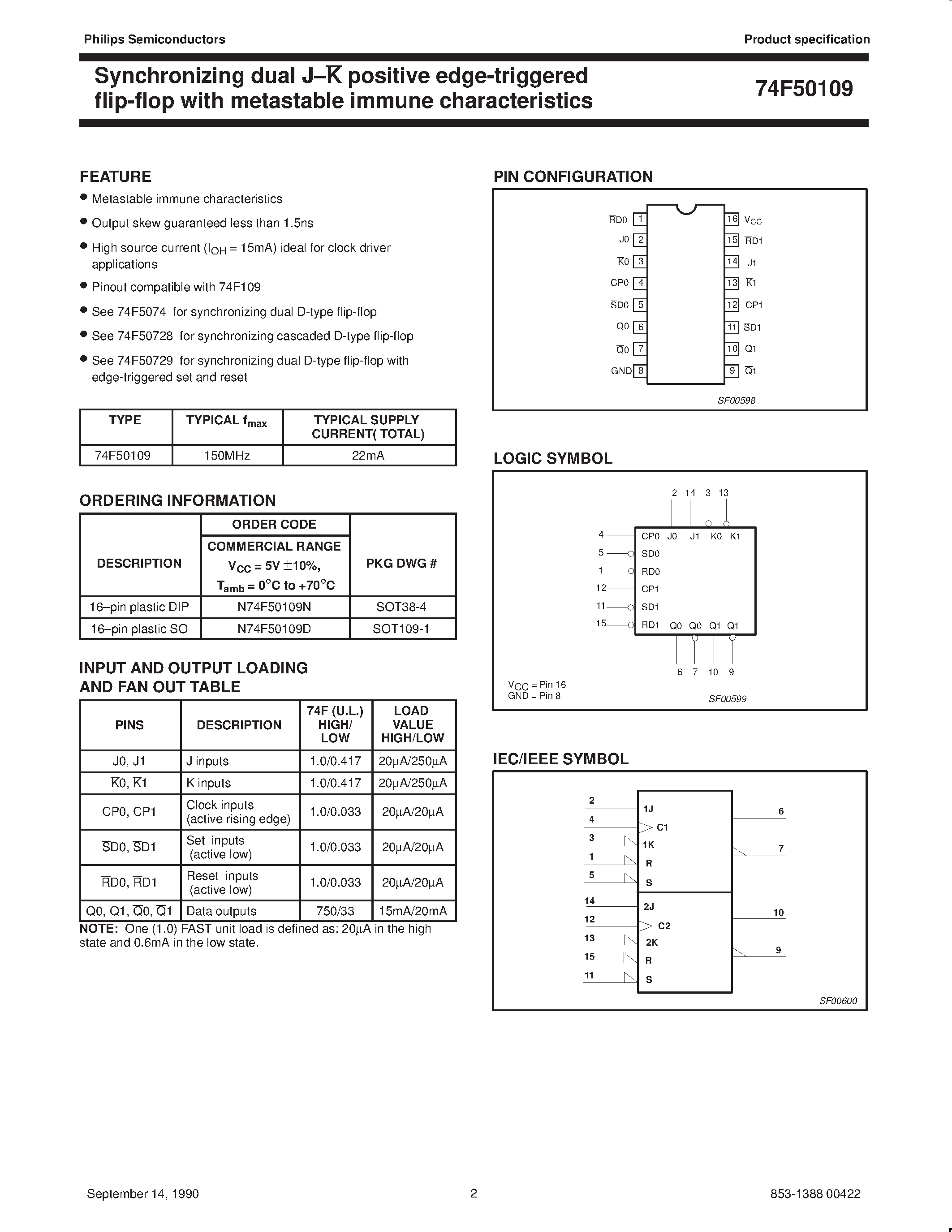 Datasheet N74F50109N - Synchronizing dual J-K positive edge-triggered flip-flop with metastable immune characteristics page 2