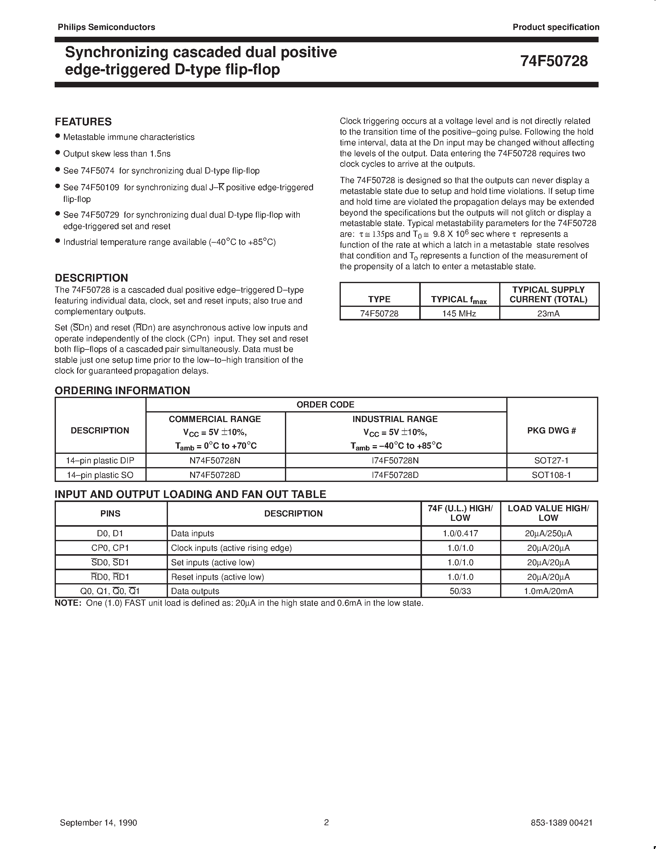 Даташит на микросхему N74F50728D страница 2 Даташит N74F50728D - Synchronizing cascaded dual positive edge-triggered D-type flip-flop страница 2
