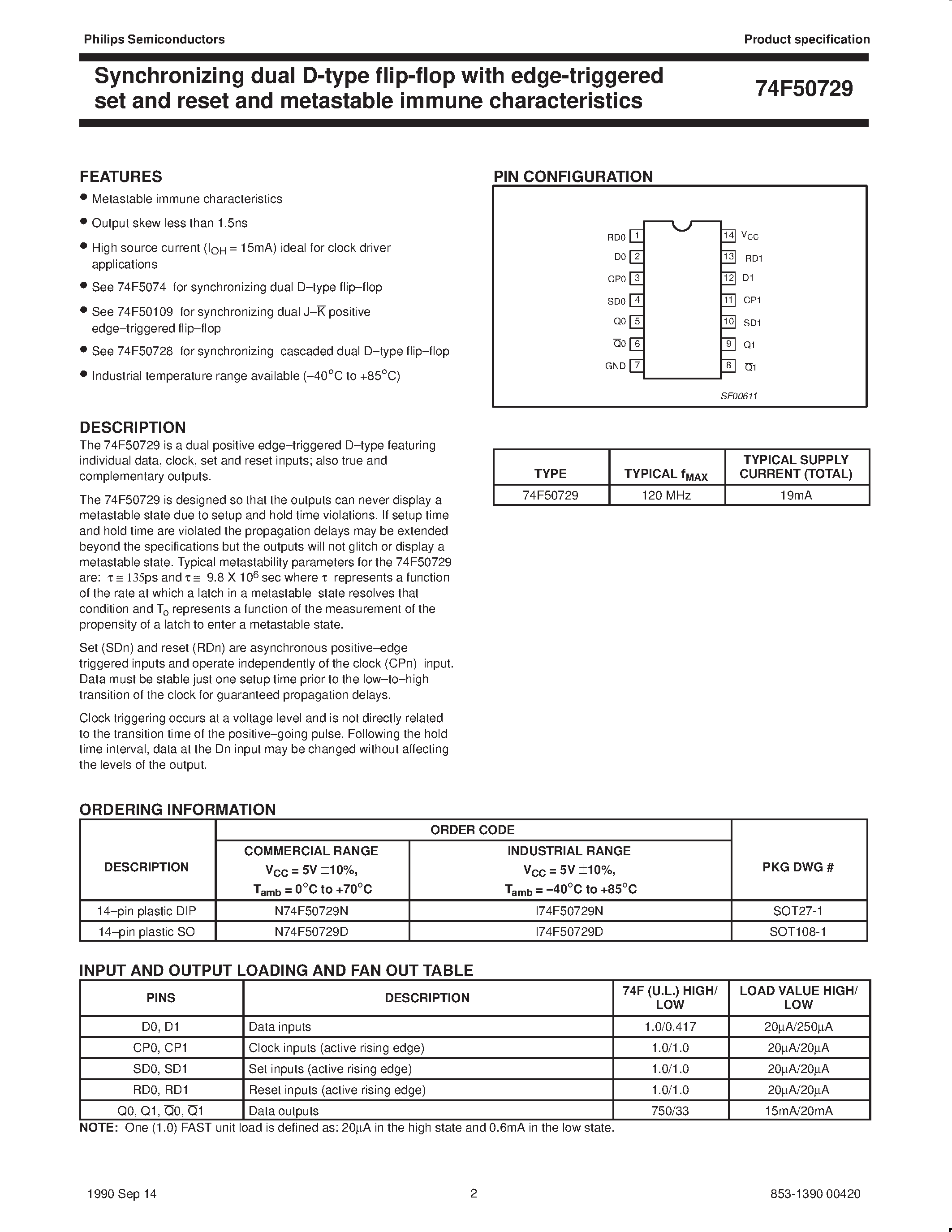 Даташит на микросхему N74F50729N страница 2 Даташит N74F50729N - Synchronizing dual D-type flip-flop with edge-triggered set and reset with metastable immune characteristics страница 2