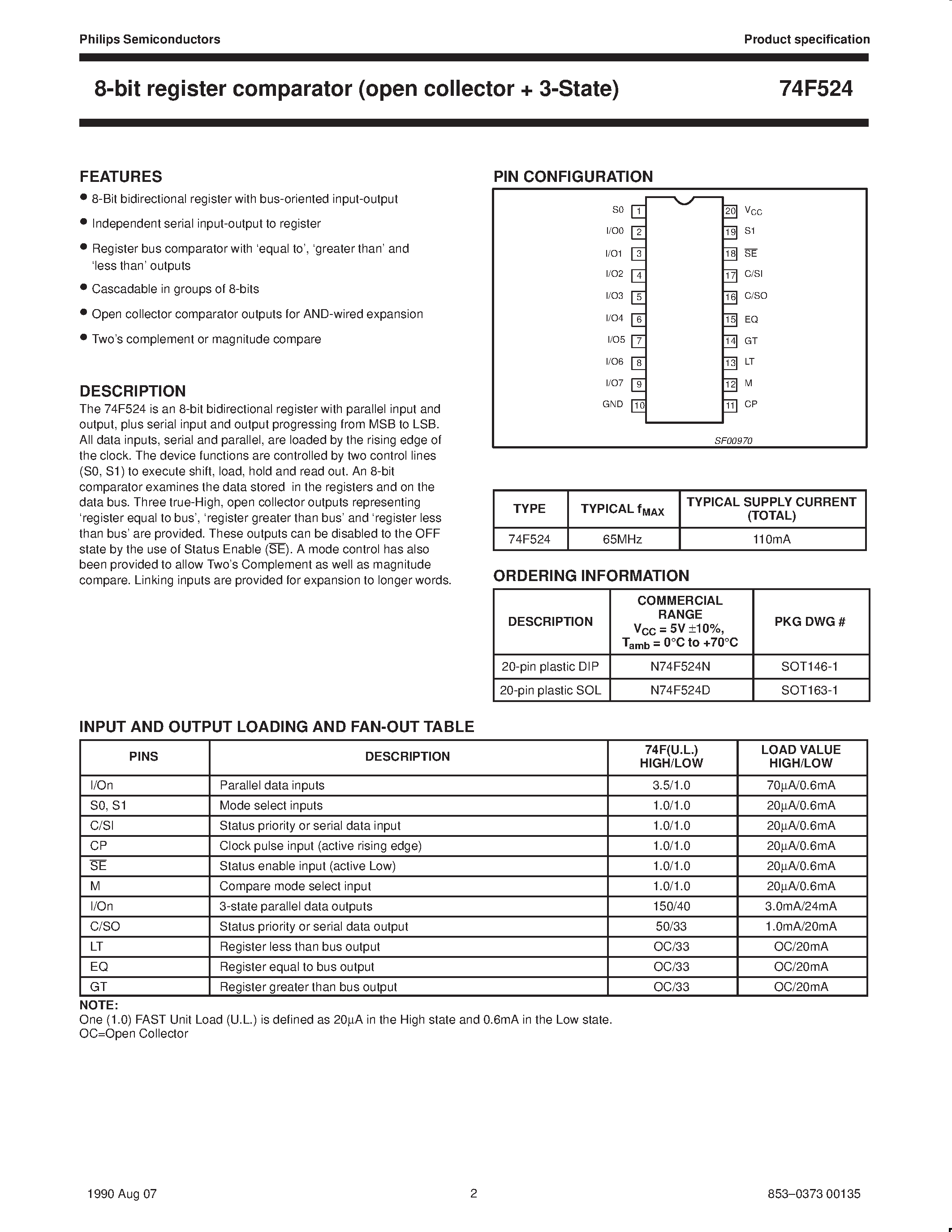 Datasheet N74F524D - 8-bit register comparator open-collector 3-State page 2