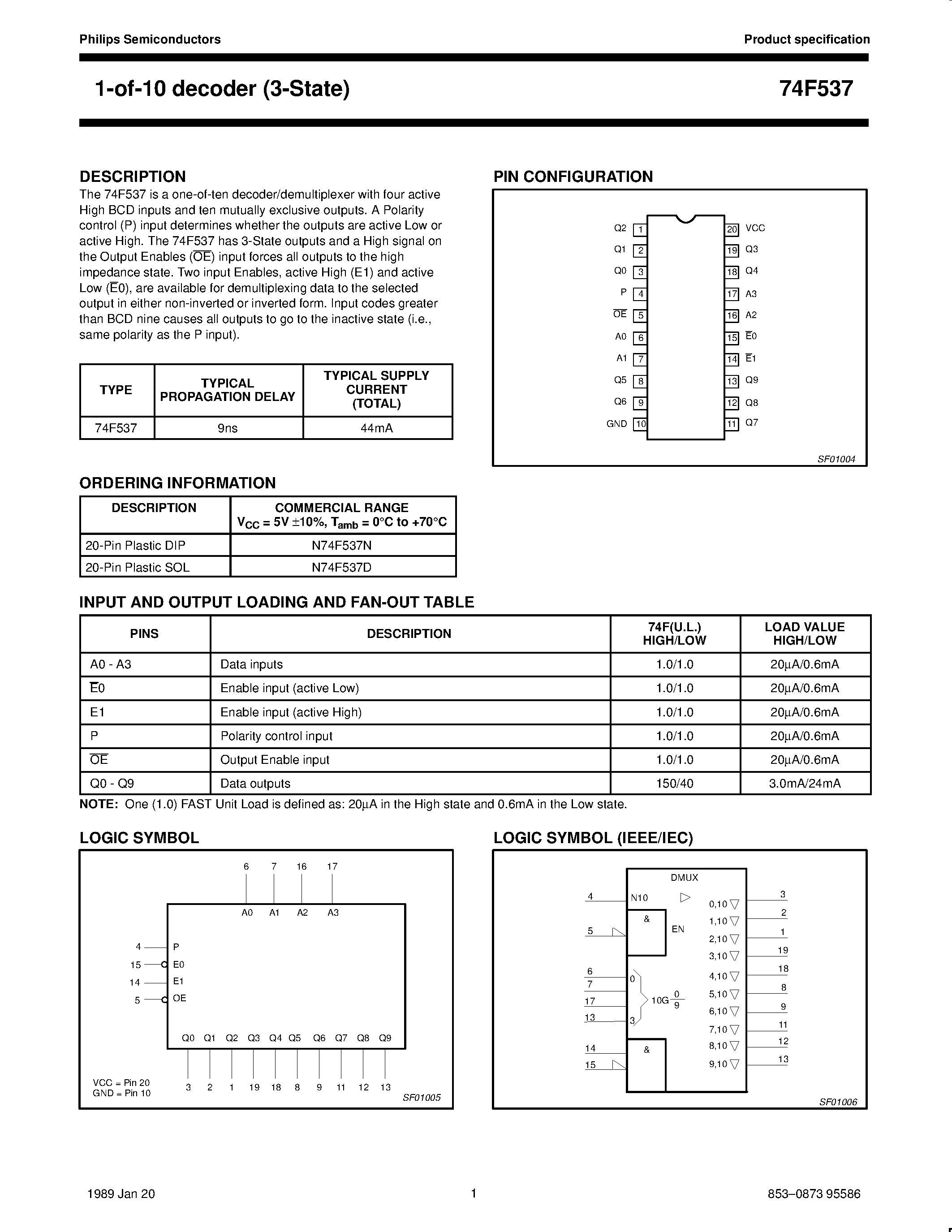 Datasheet N74F537D - 1-of-10 decoder 3-State page 1