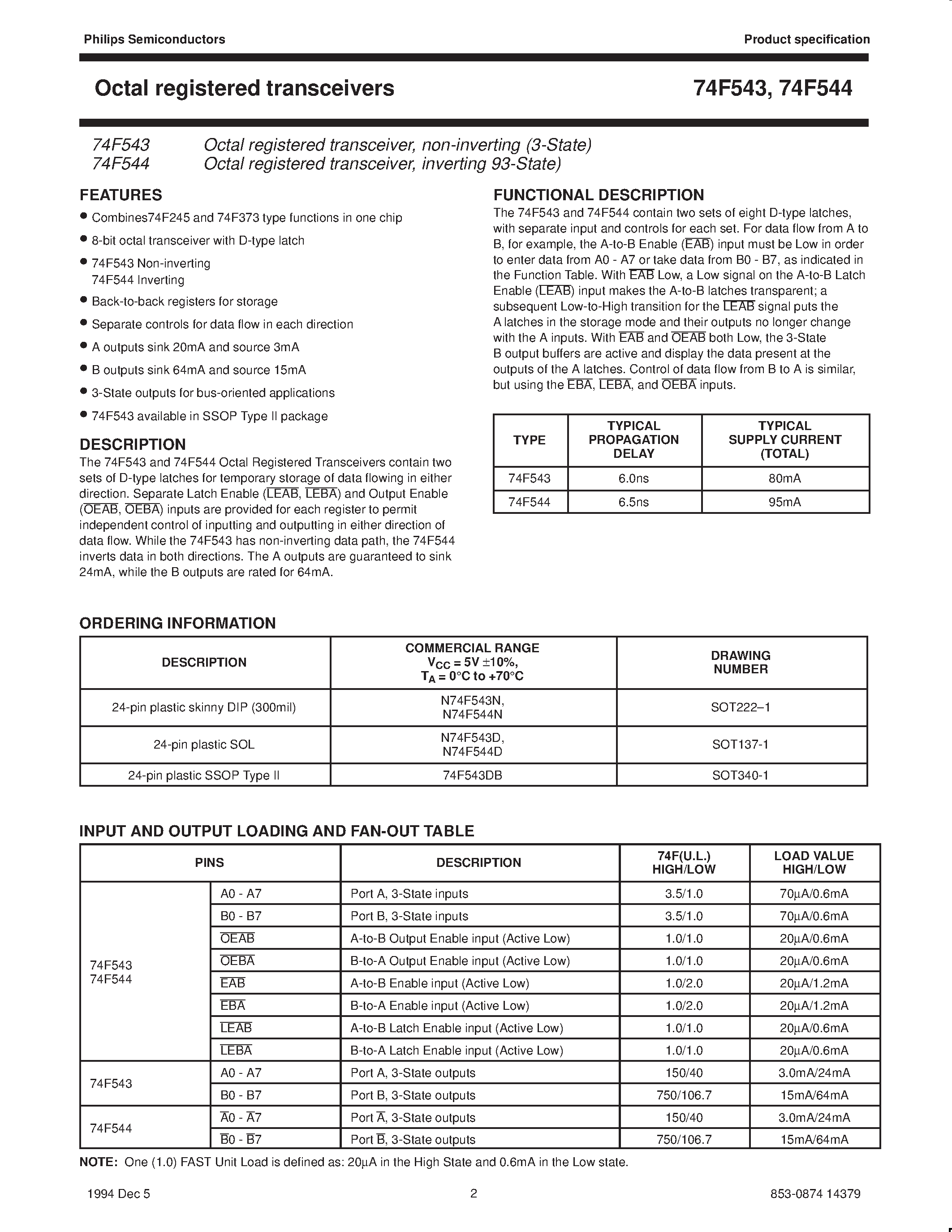 Datasheet N74F543D - Octal registered transceiver / non-inverting 3-State page 2