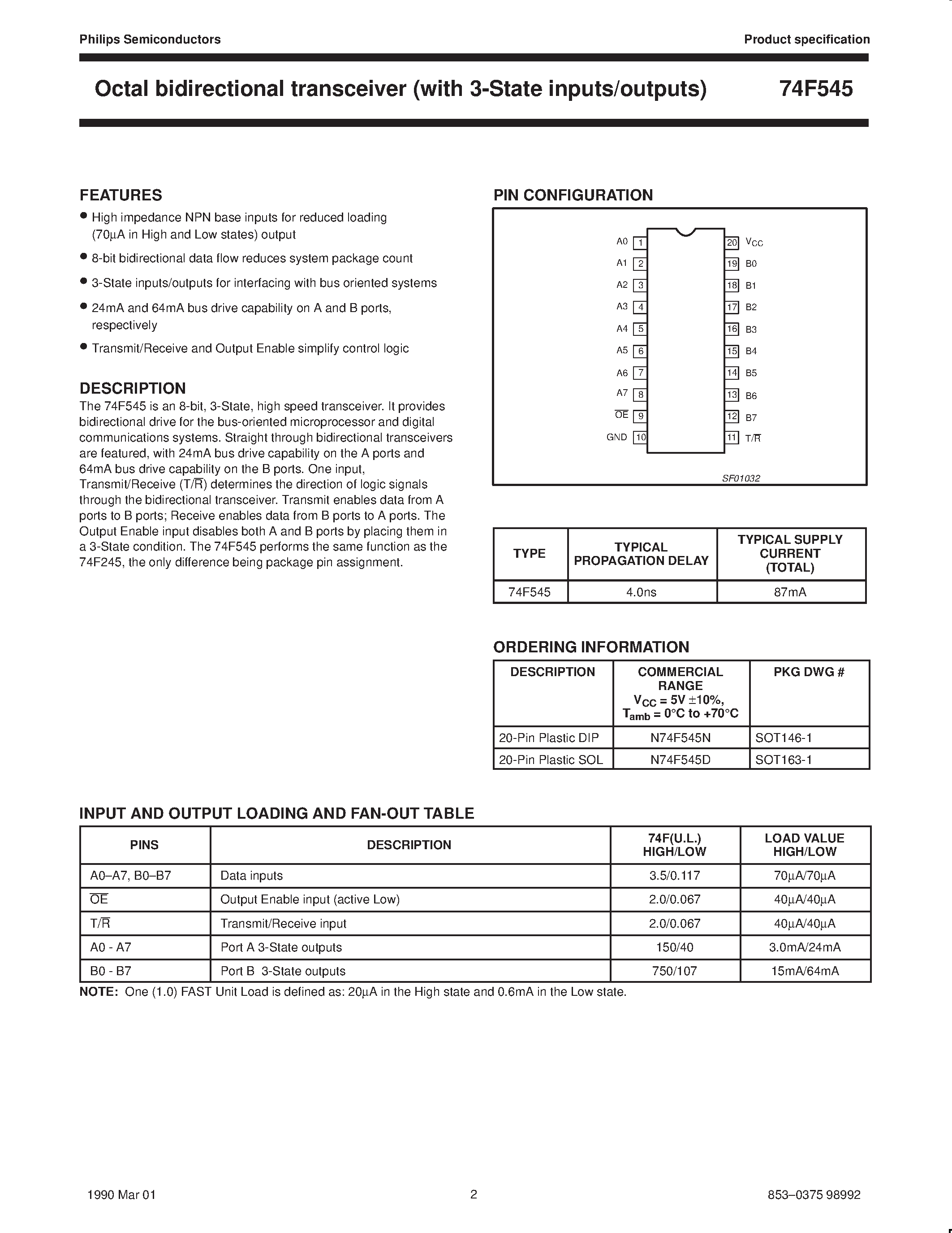 Datasheet N74F545D - Octal bidirectional transceiver with 3-State inputs/outputs page 2