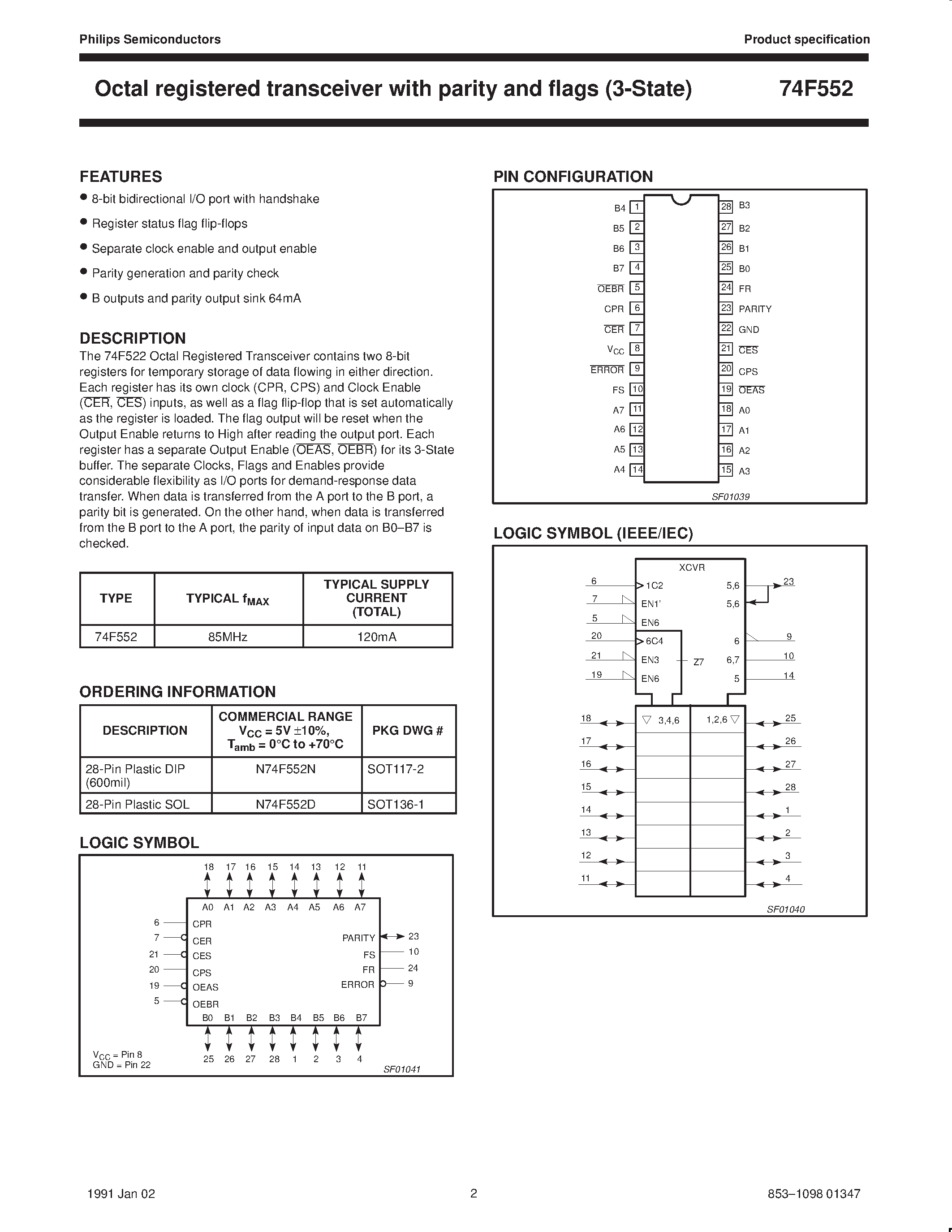 Datasheet N74F552D - Octal registered transceiver with parity and flags 3-State page 2