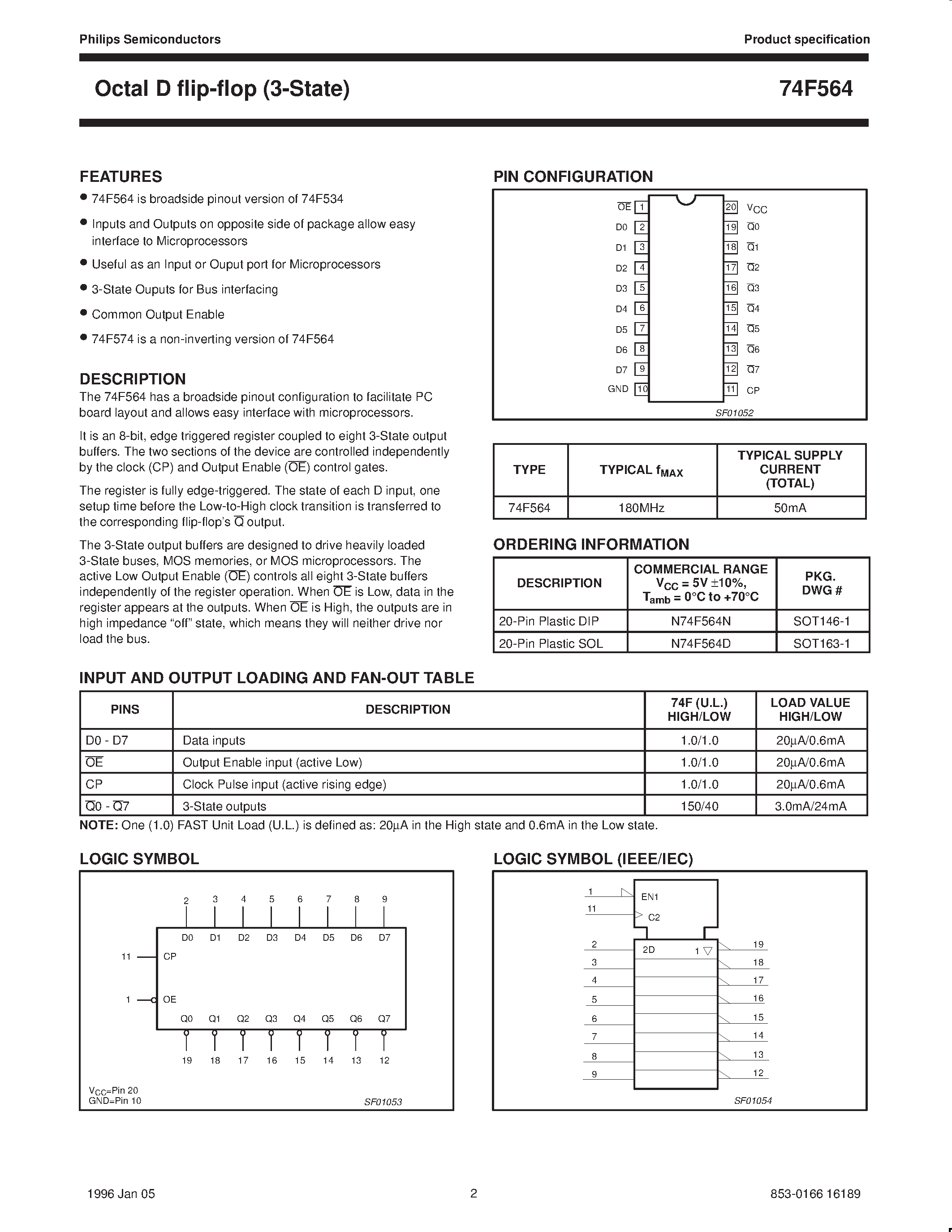 Даташит N74F564D - Octal D flip-flop 3-State страница 2