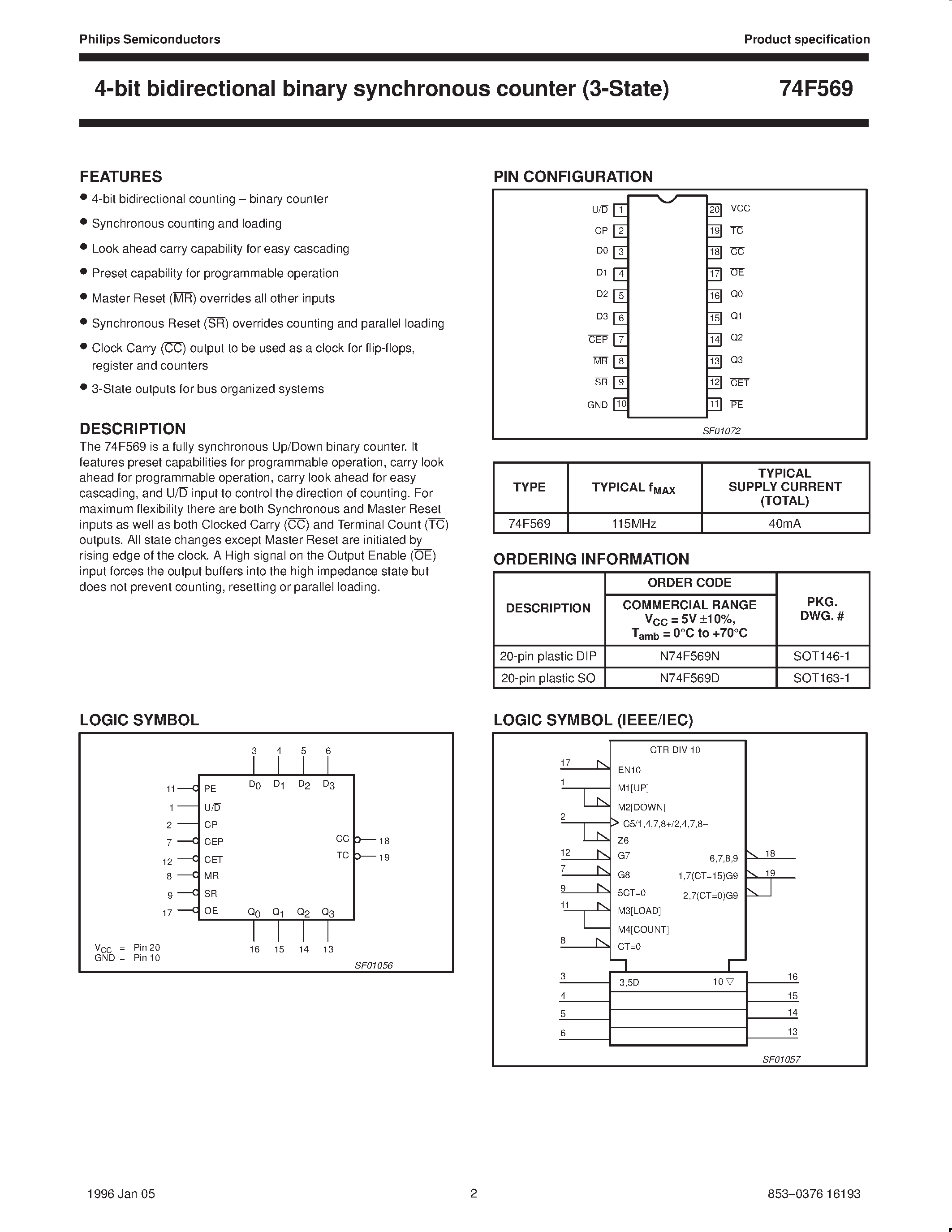 Datasheet N74F569N - 4-bit bidirectional binary synchronous counter 3-State page 2