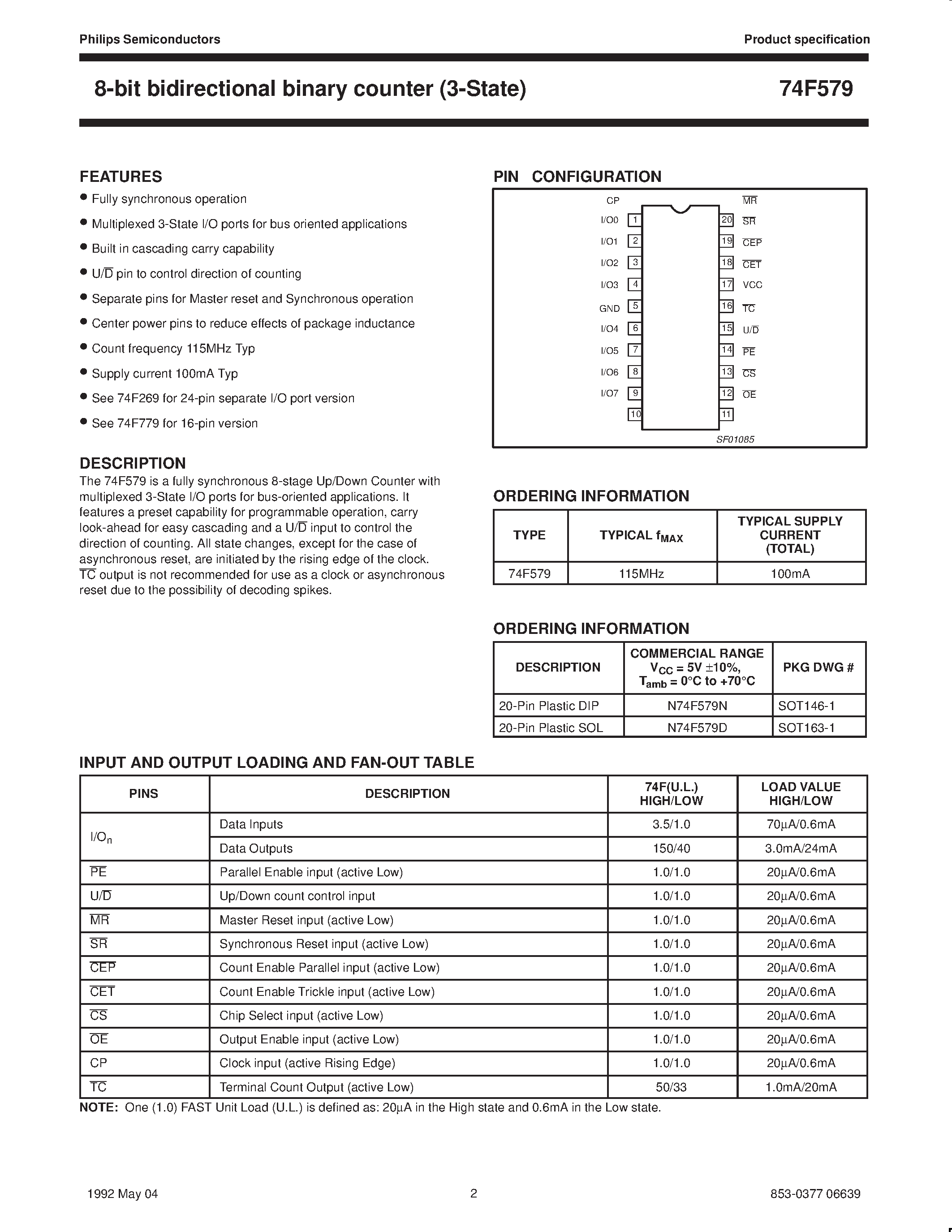 Datasheet N74F579D - 8-bit bidirectional binary counter 3-State page 2