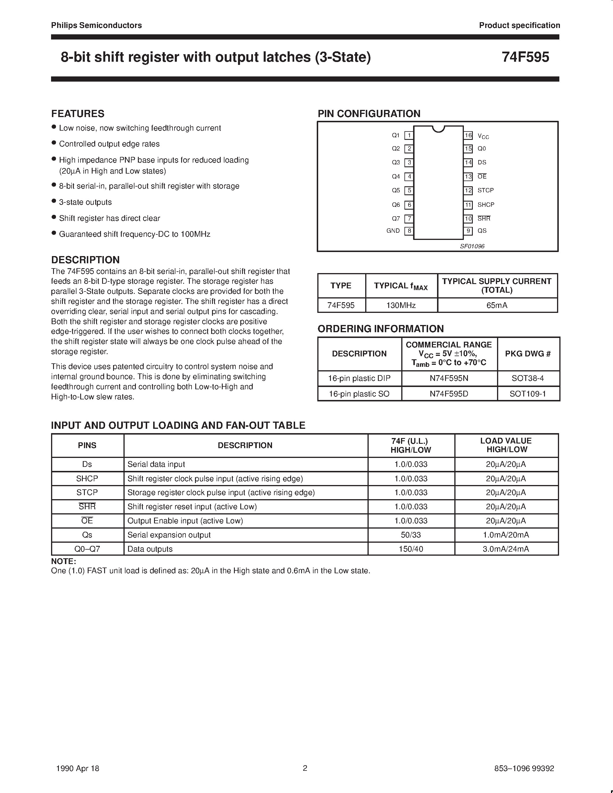 Datasheet N74F595N - 8-bit shift register with output laches 3-State page 2