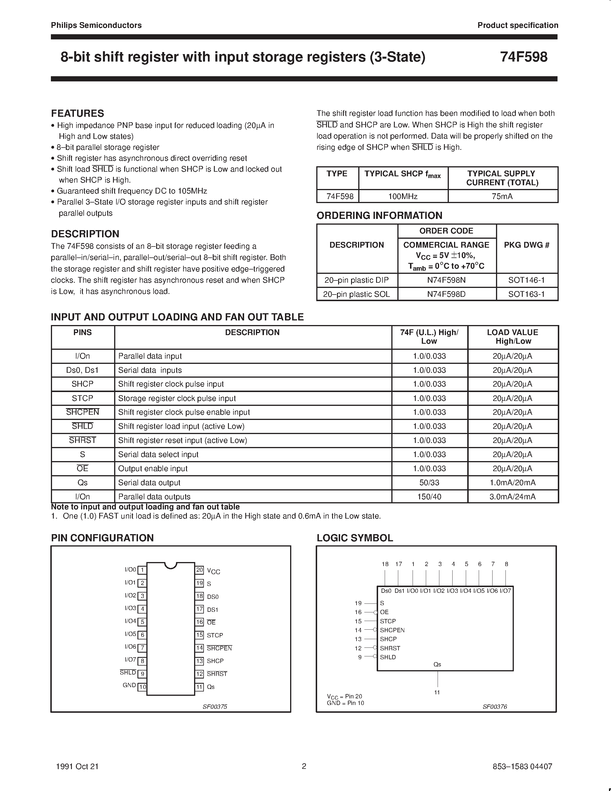Datasheet N74F598D - 8-bit shift register with input storage registers 3-State page 2