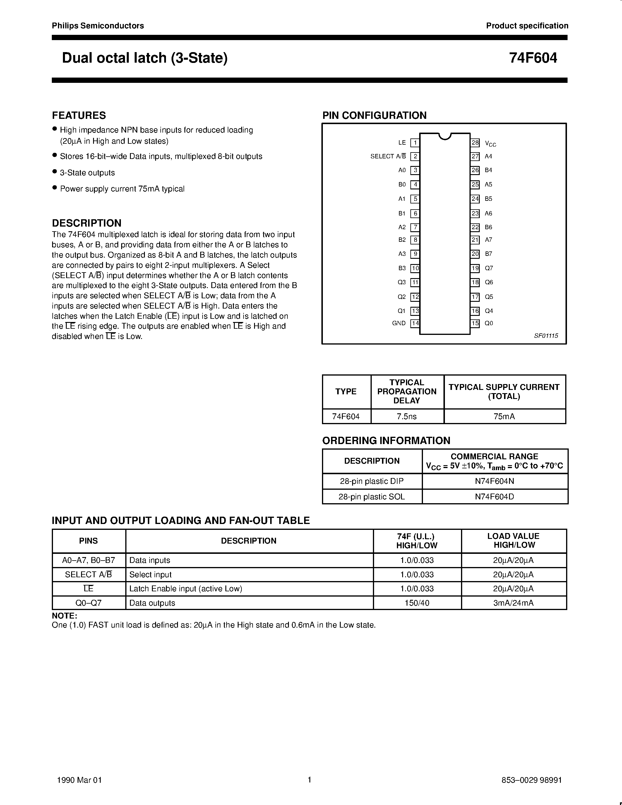 Datasheet N74F604N - Dual octal latch 3-State page 1