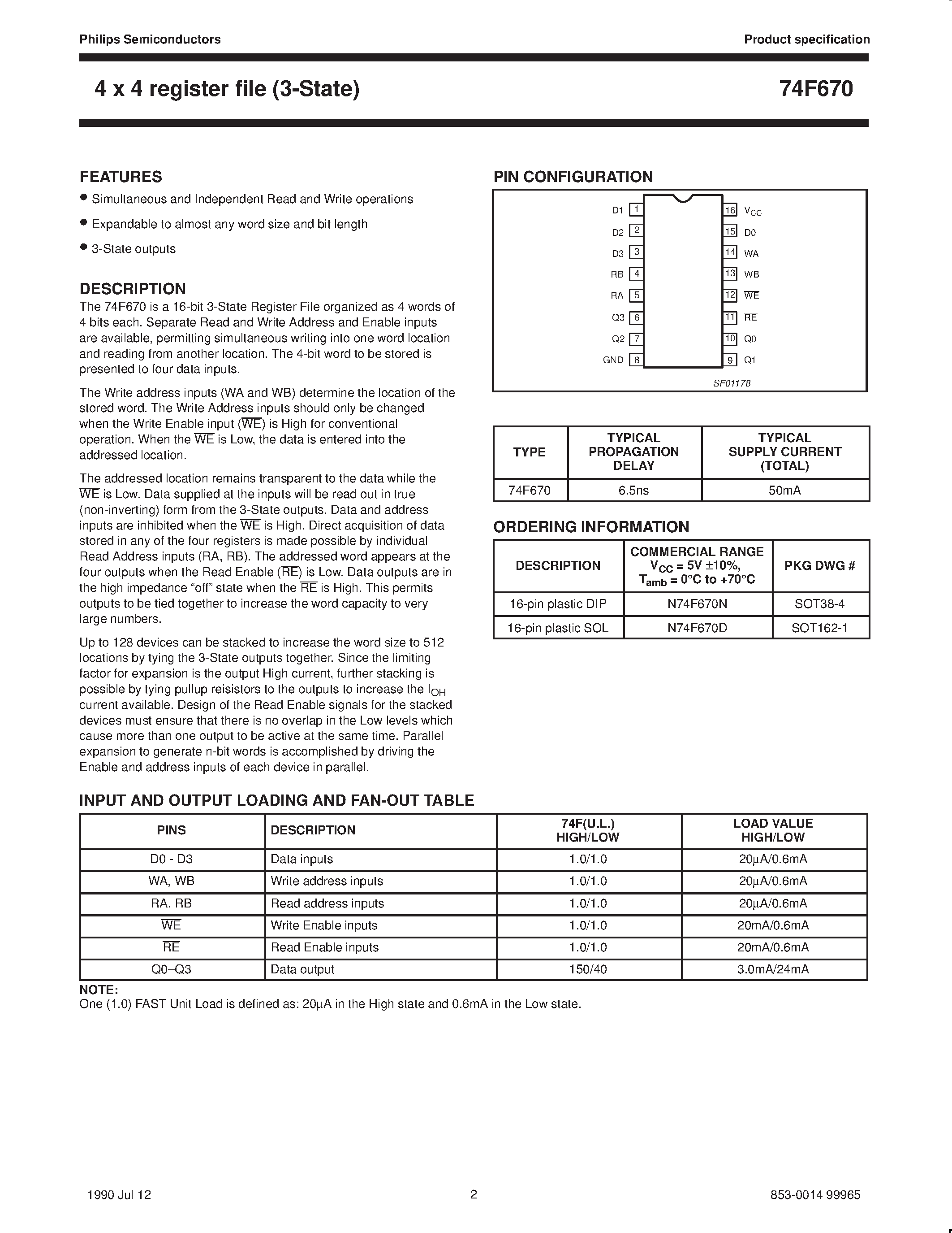 Datasheet N74F670D page 2 Datasheet N74F670D - 4 x 4 register file 3-State page 2