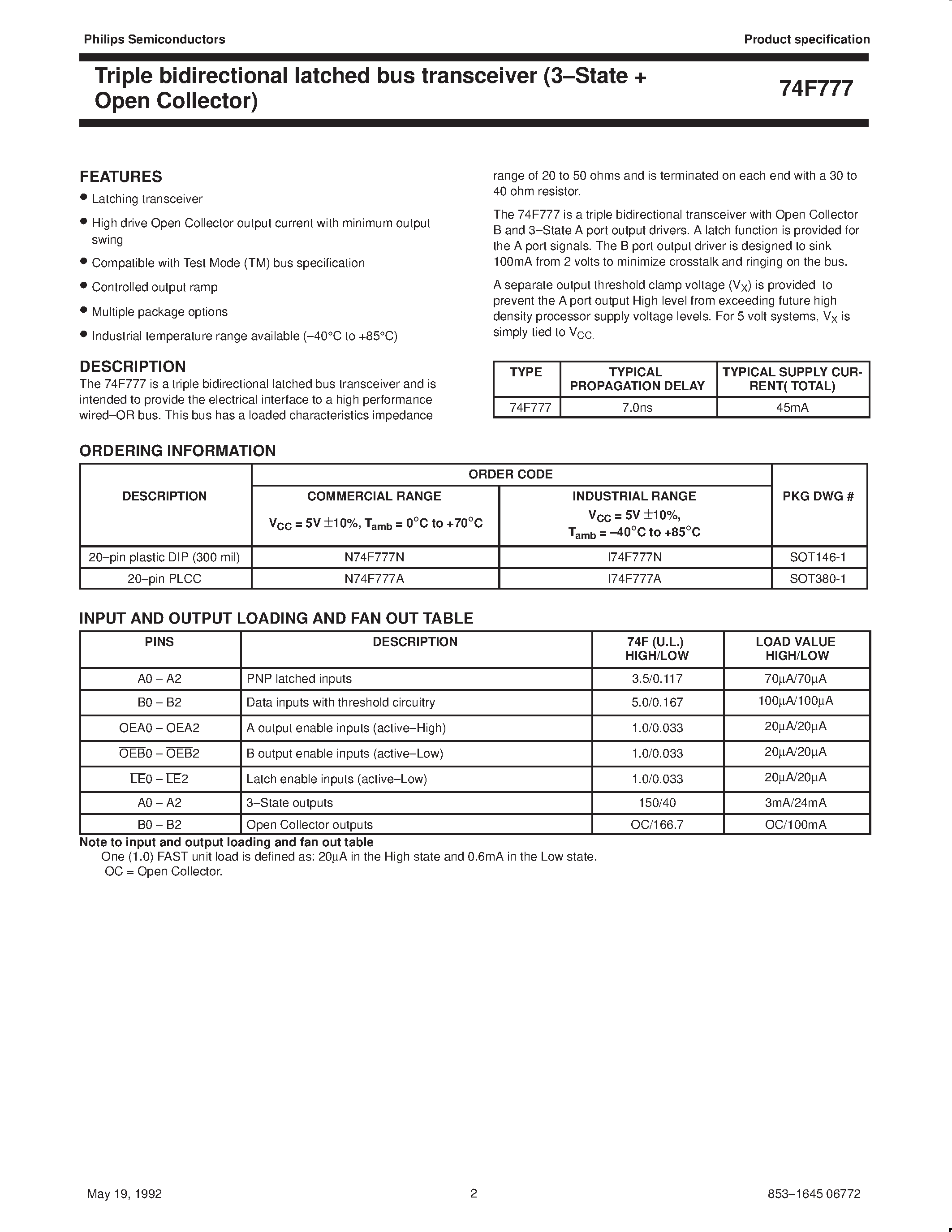 Datasheet N74F777N - Triple bidirectional latched bus transceiver 3-State open collector page 2