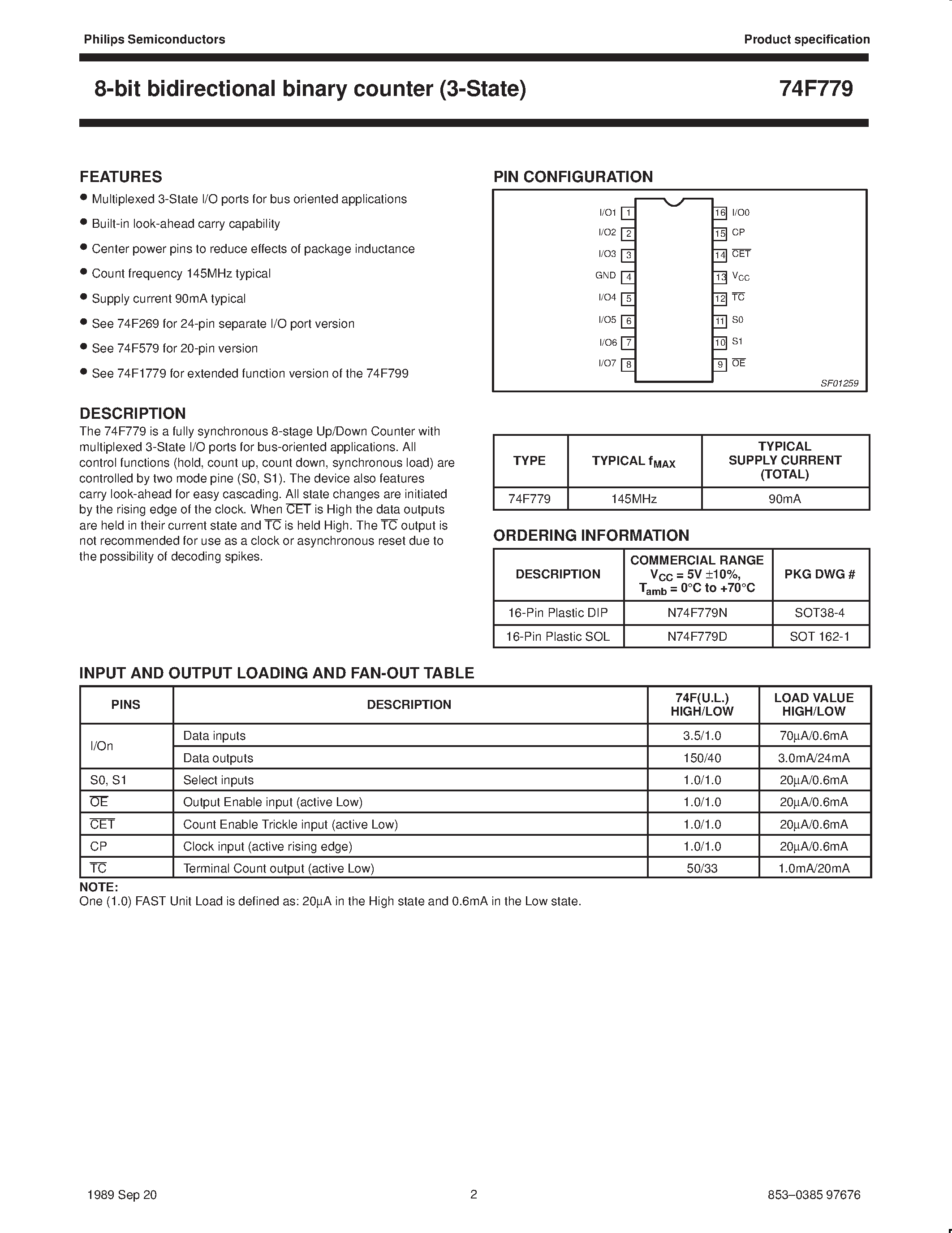 Datasheet N74F779N - 8-bit bidirectional binary counter 3-State page 2