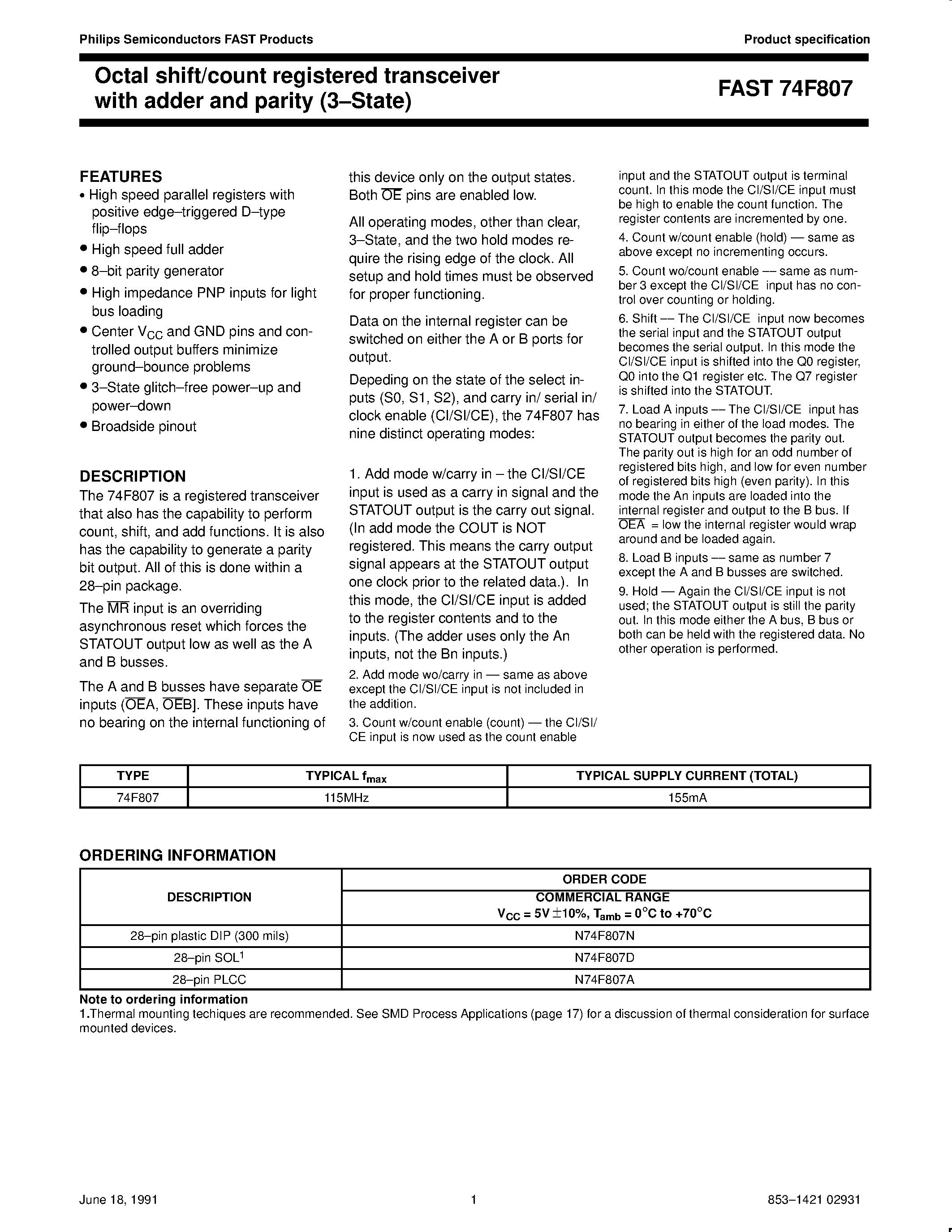 Datasheet N74F807A - Octal shift/count registered transceiver with adder and parity 3.State page 1