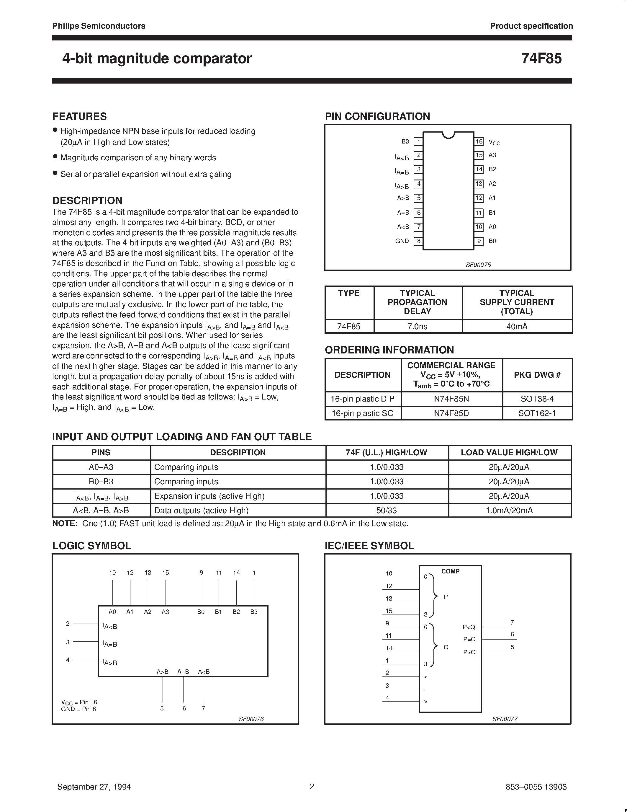 Datasheet N74F85N - 4-bit magnitude comparator page 2