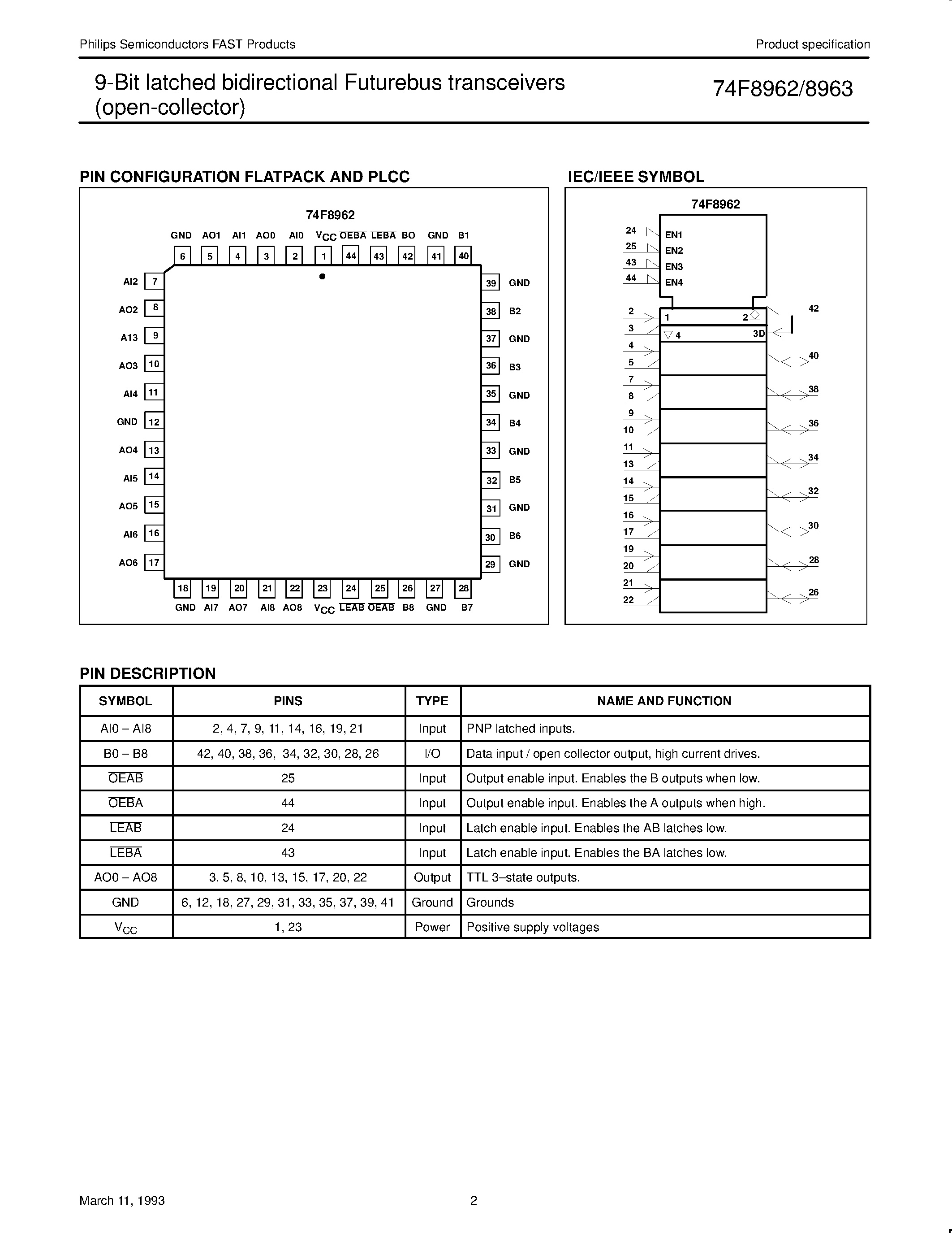 Datasheet N74F8962Y page 2 Datasheet N74F8962Y - 9-Bit latched bidirectional Futurebus transceivers open-collector page 2