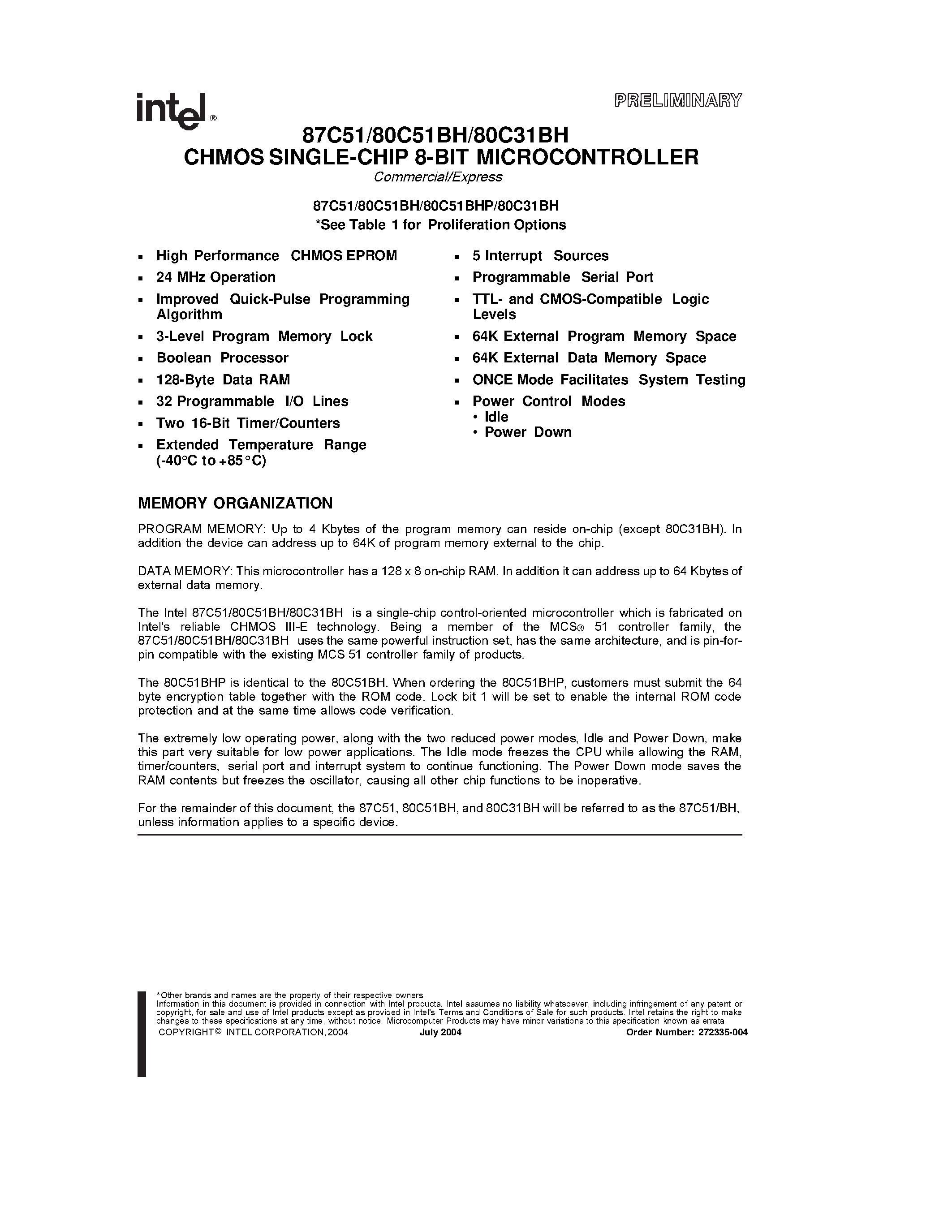 Datasheet N87C51 page 1 Datasheet N87C51 - CHMOS SINGLE-CHIP 8-BIT MICROCONTROLLER page 1