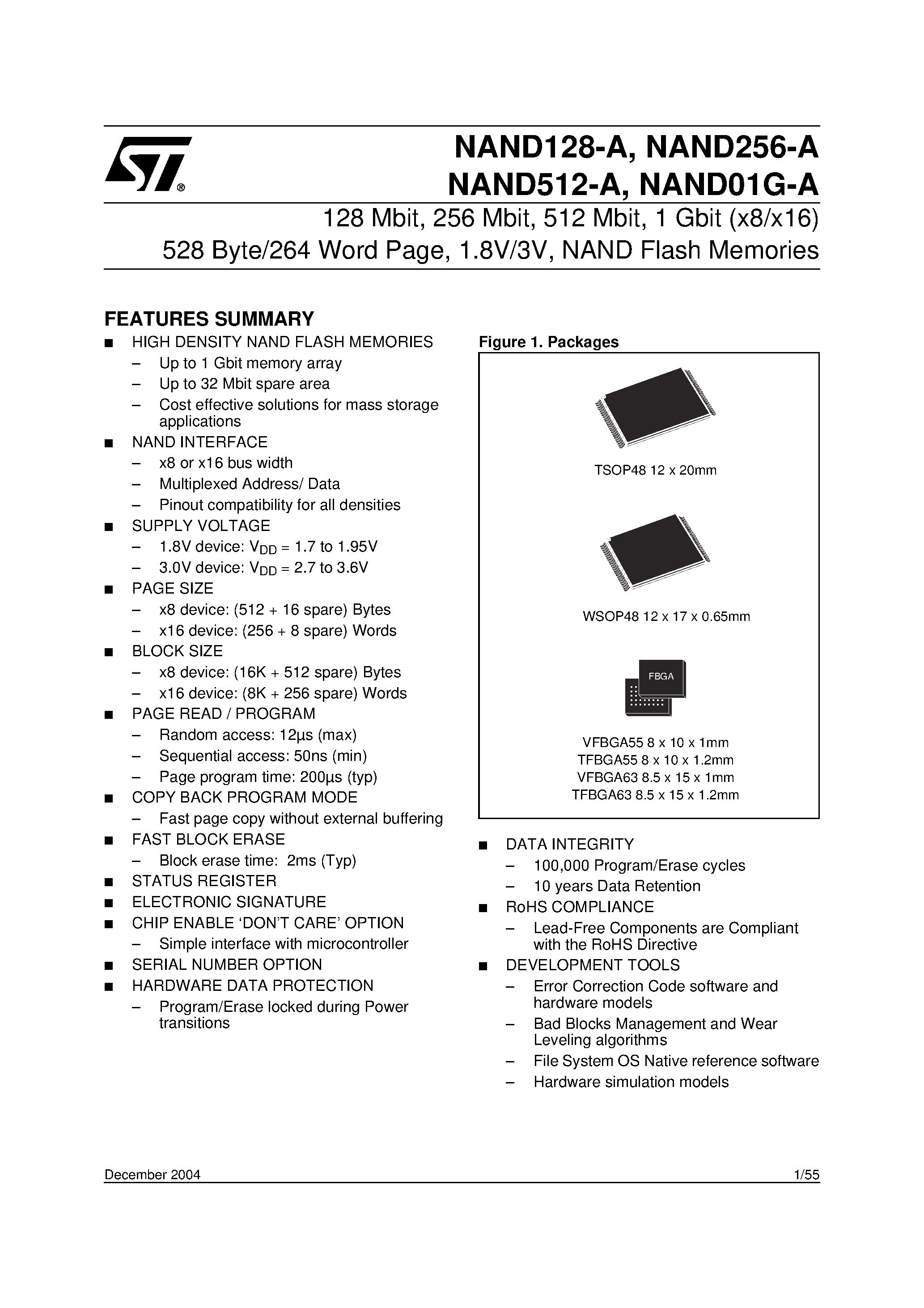 Даташит NAND128-A - 128 Mbit / 256 Mbit / 512 Mbit / 1 Gbit (x8/x16) 528 Byte/264 Word Page / 1.8V/3V / NAND Flash Memories страница 1
