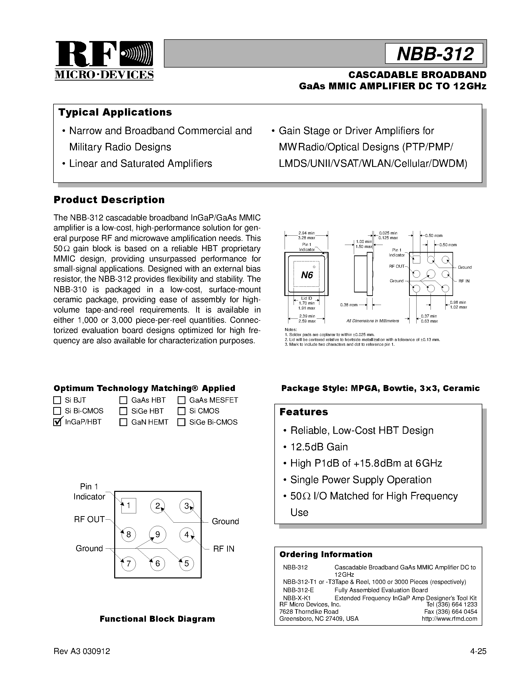 Datasheet NBB-312-E - CASCADABLE BROADBAND GaAs MMIC AMPLIFIER DC TO 12GHz page 1