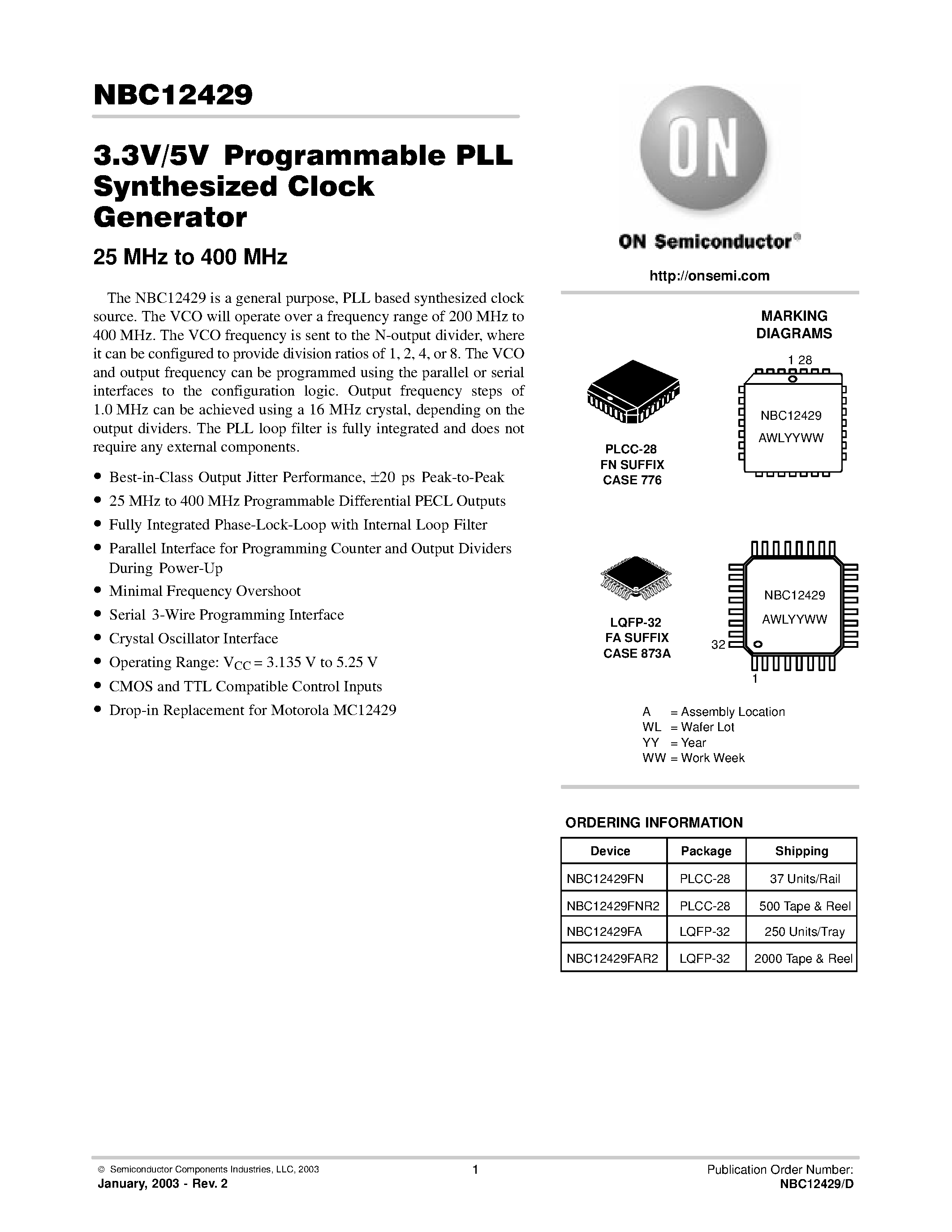Datasheet NBC12429 - 3.3V/5V Programmable PLL Synthesized Clock Generator page 1
