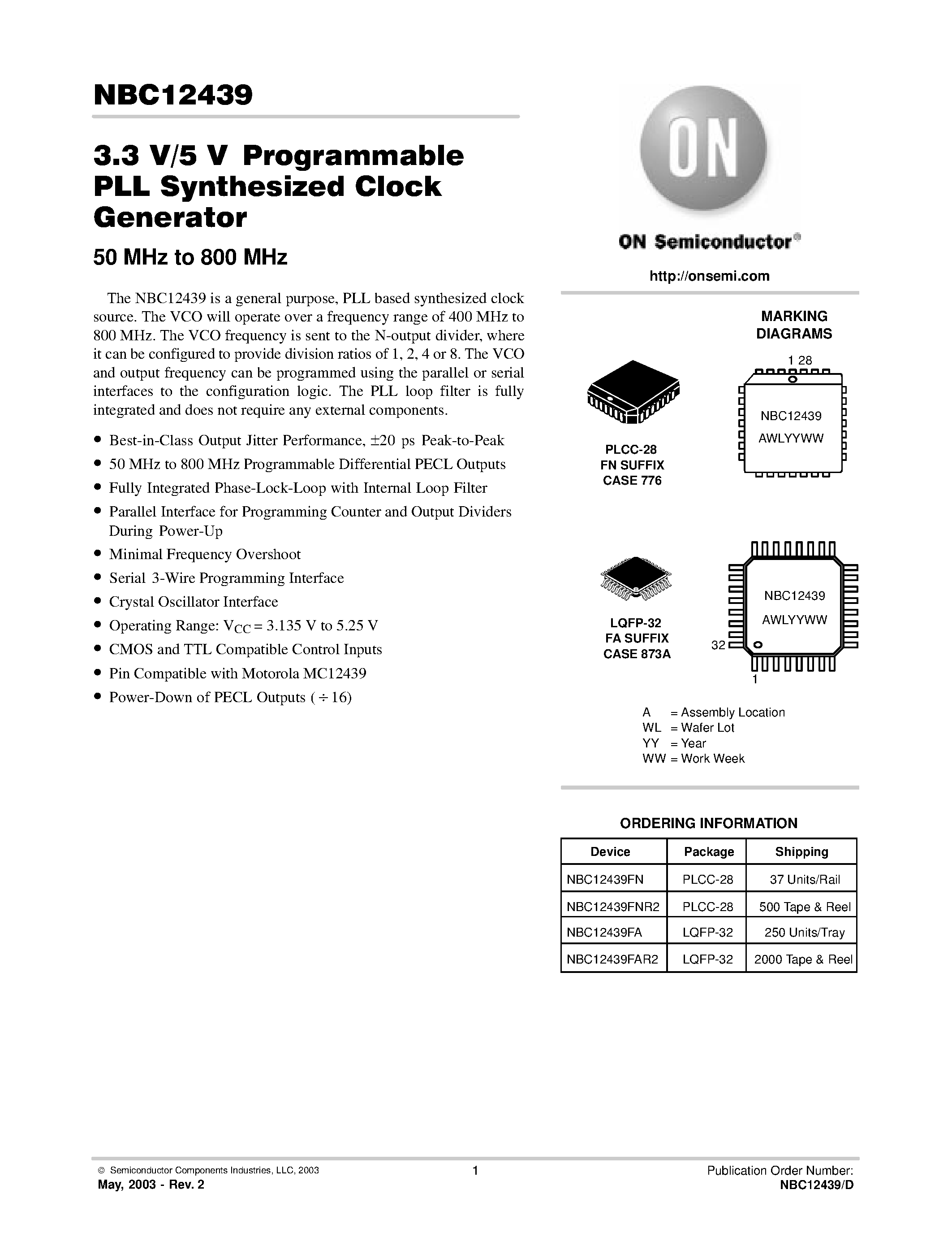 Datasheet NBC12439FA - 3.3 V/5 V Programmable PLL Synthesized Clock Generator page 1
