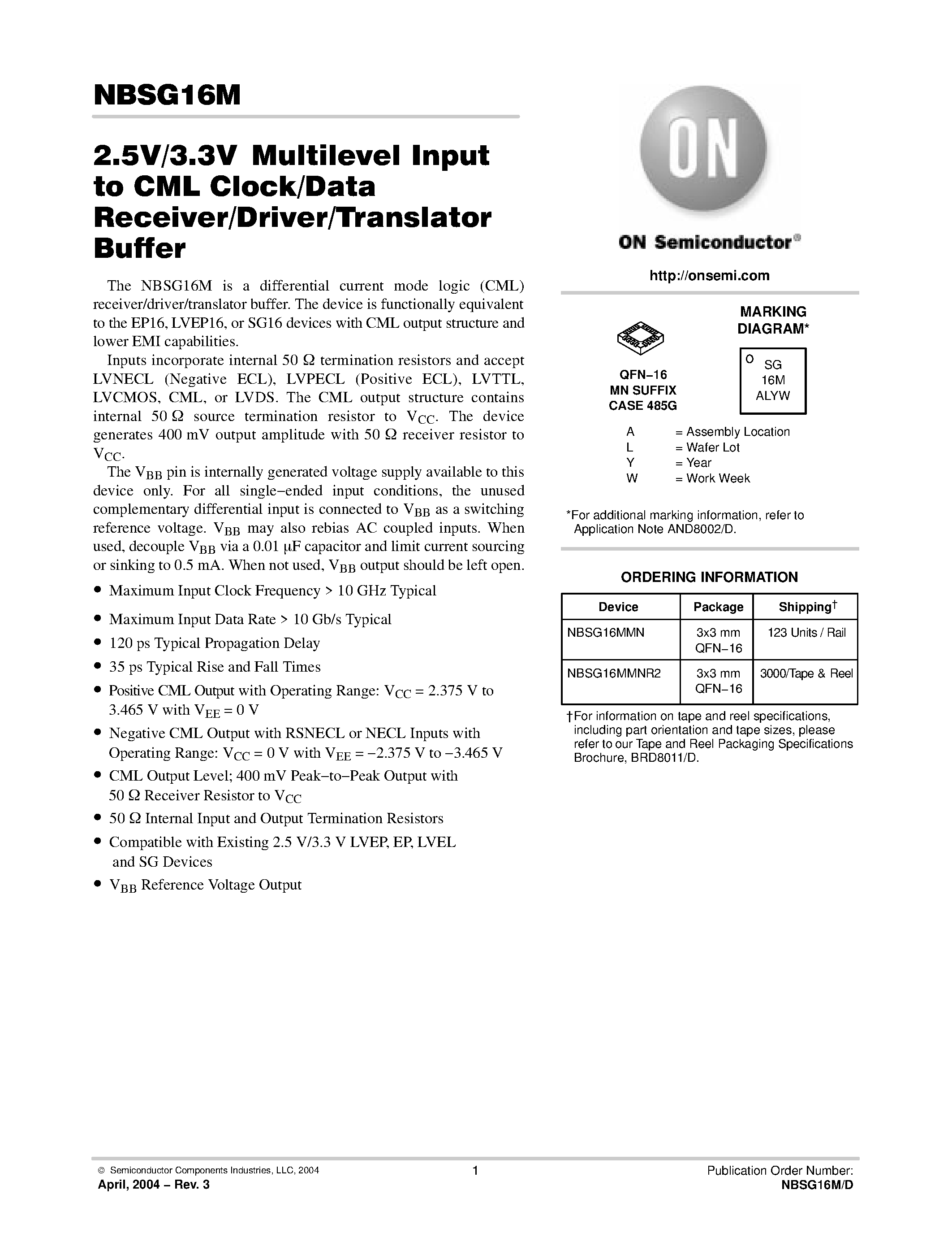 Datasheet NBSG16M - 2.5V/3.3VMultilevel Input to CML Clock/Data Receiver/Driver/Translator Buffer page 1
