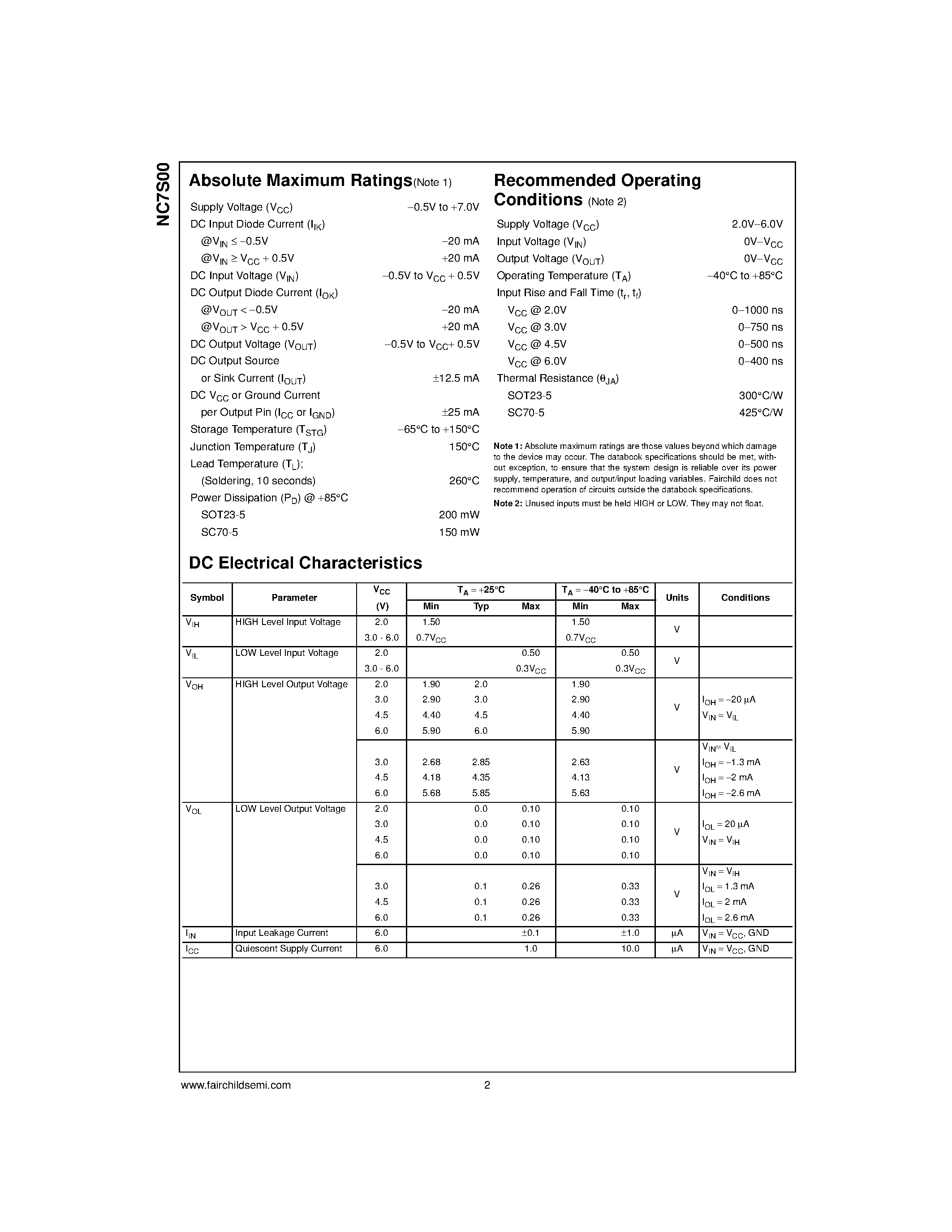 Datasheet NC7S00M5X - TinyLogic HS 2-Input NAND Gate page 2