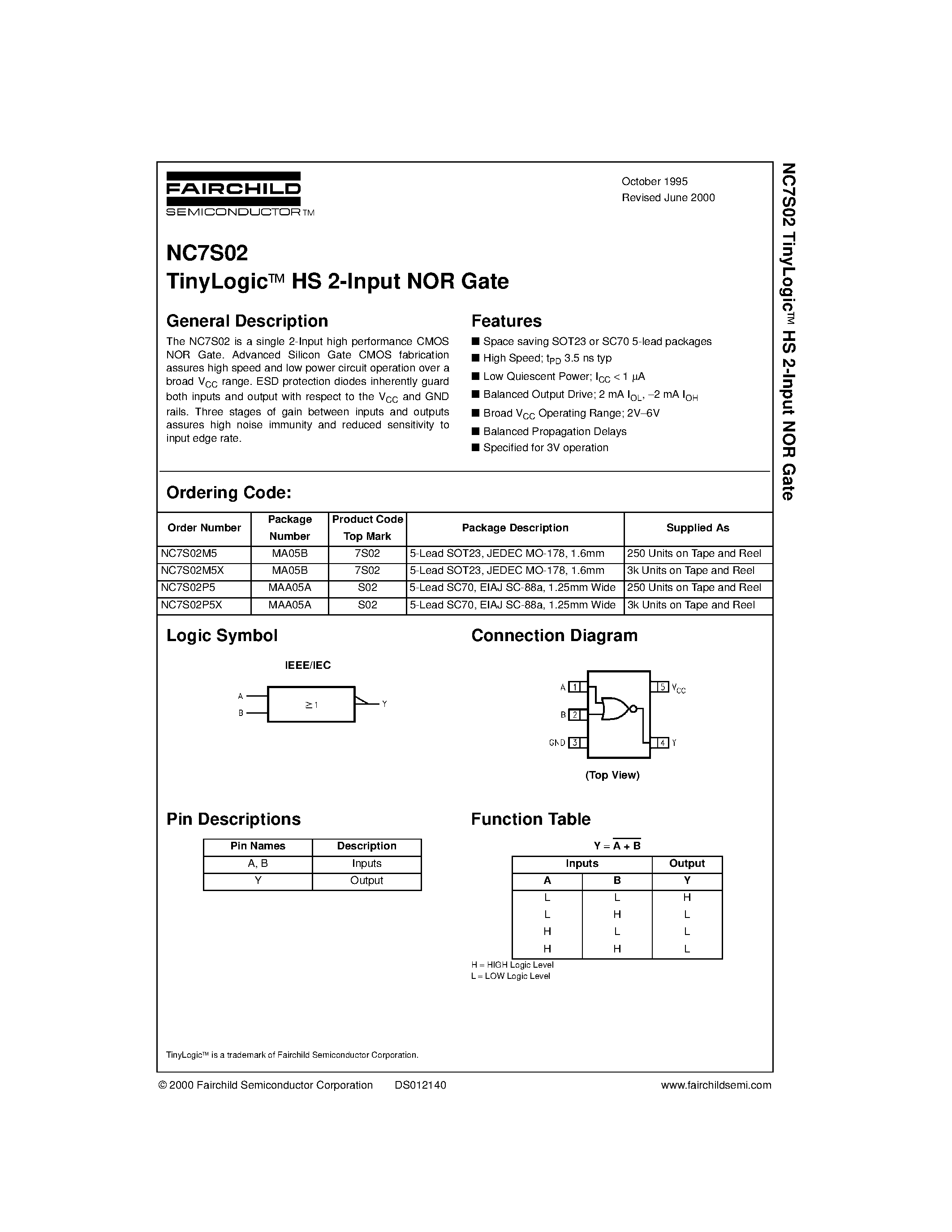 Datasheet NC7S02 - TinyLogic HS 2-Input NOR Gate page 1