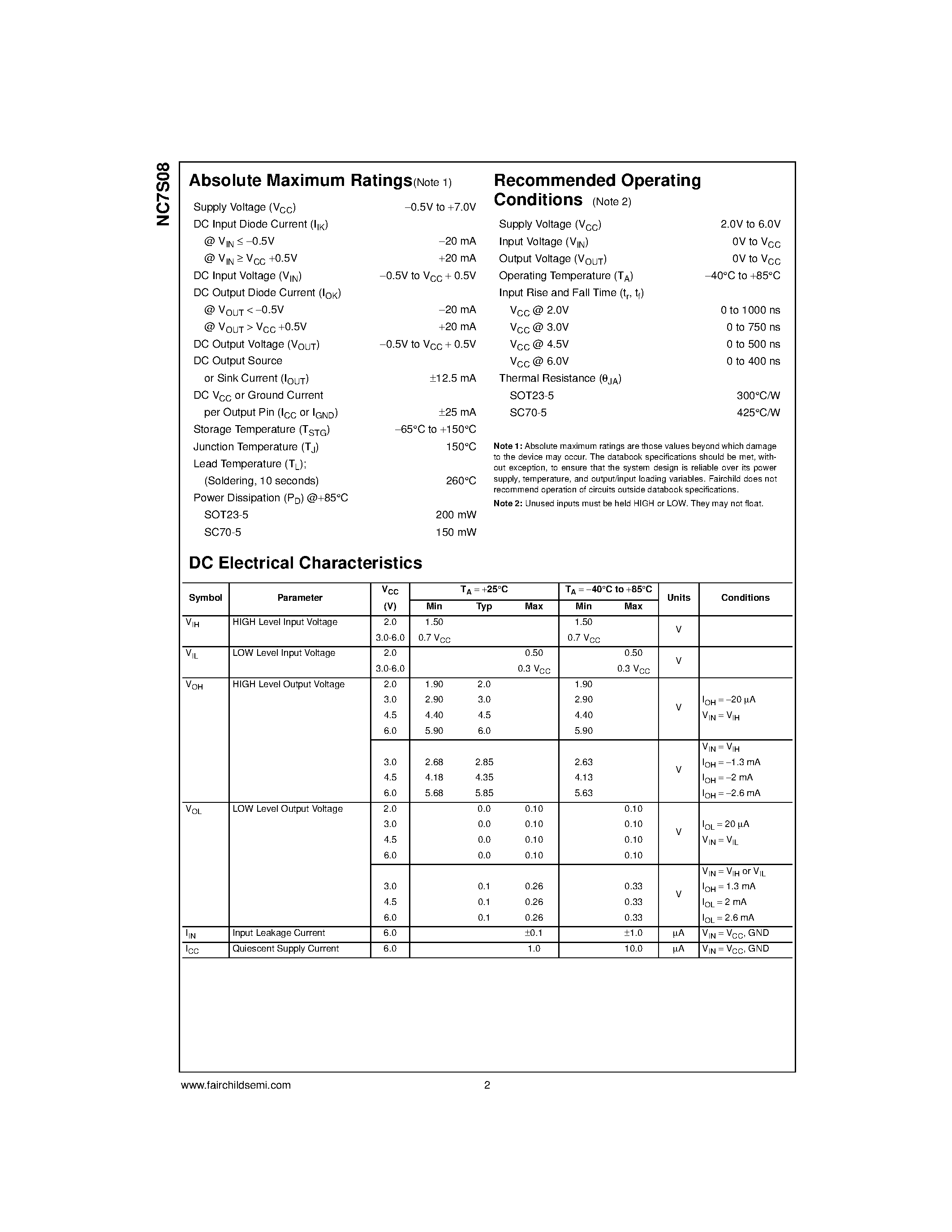 Datasheet NC7S08M5 - TinyLogic HS 2-Input AND Gate page 2