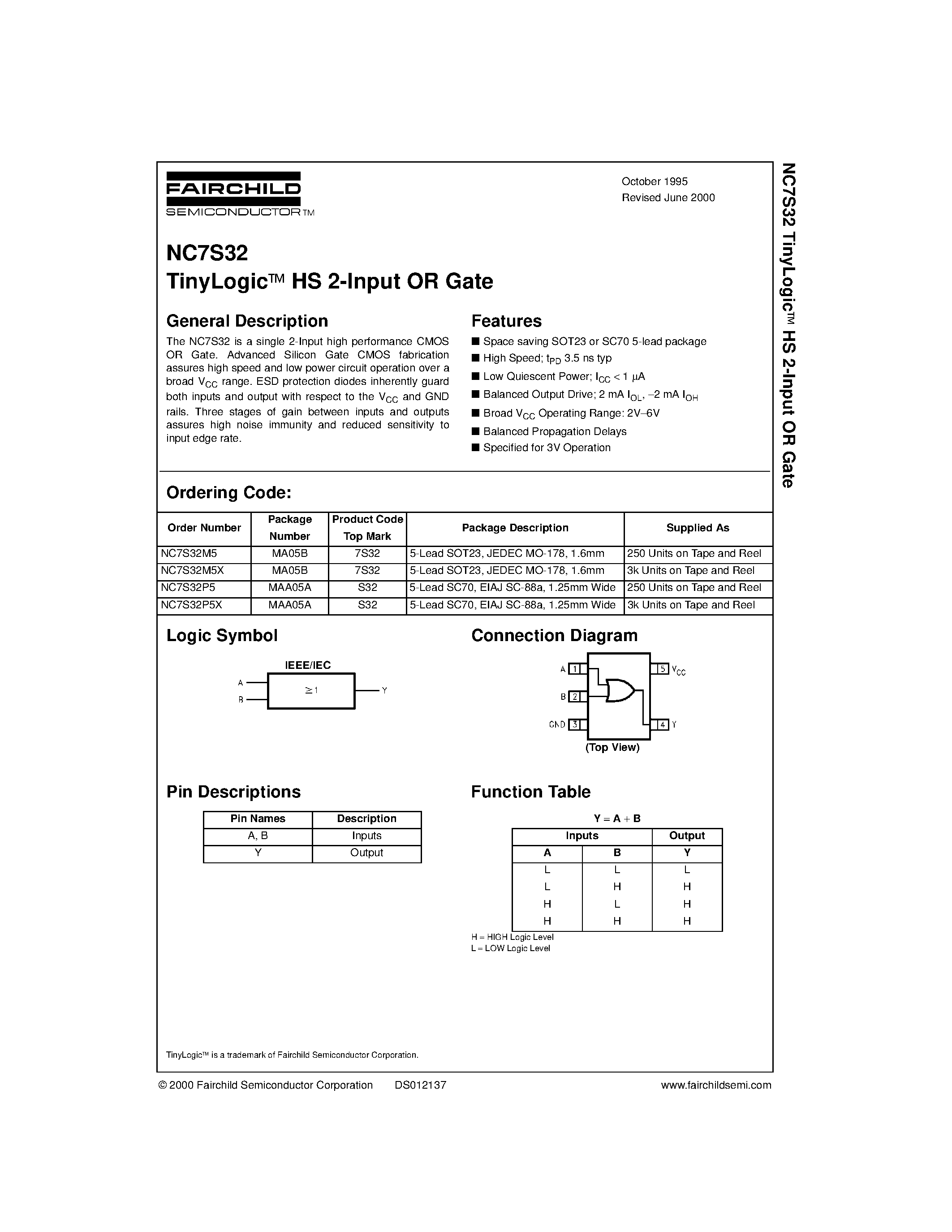 Datasheet NC7S32P5 - TinyLogic HS 2-Input OR Gate page 1