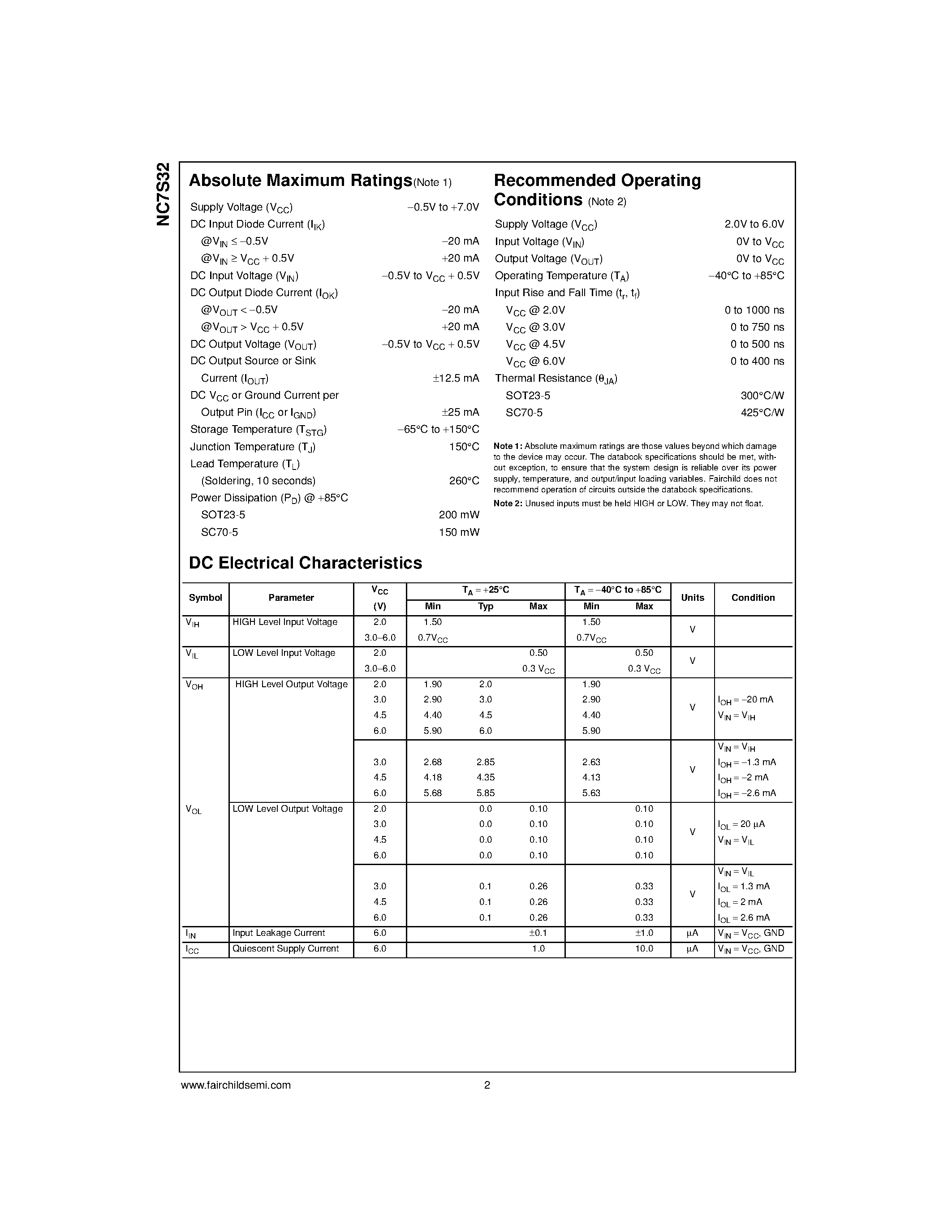 Datasheet NC7S32P5X - TinyLogic HS 2-Input OR Gate page 2