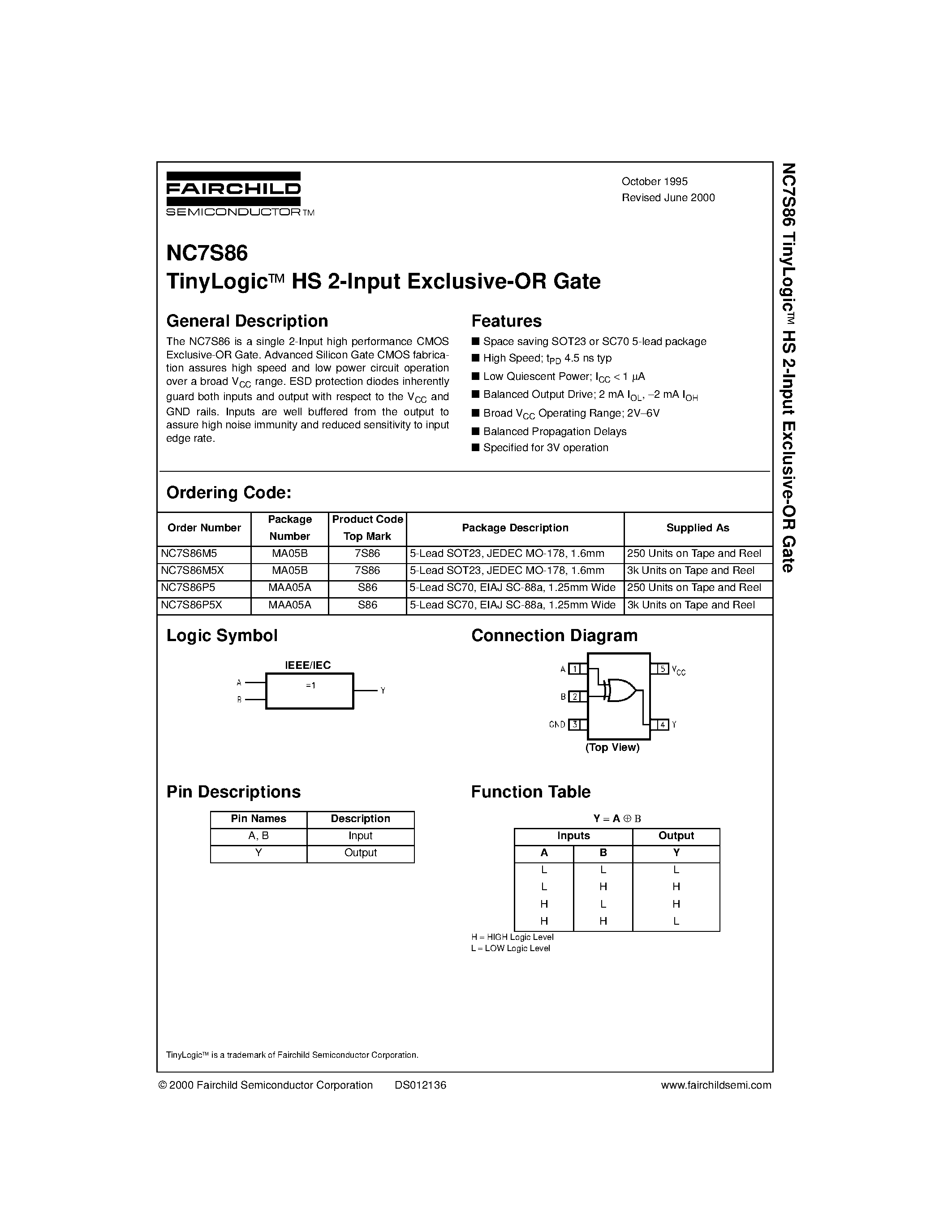 Datasheet NC7S86 - TinyLogic HS 2-Input Exclusive-OR Gate page 1