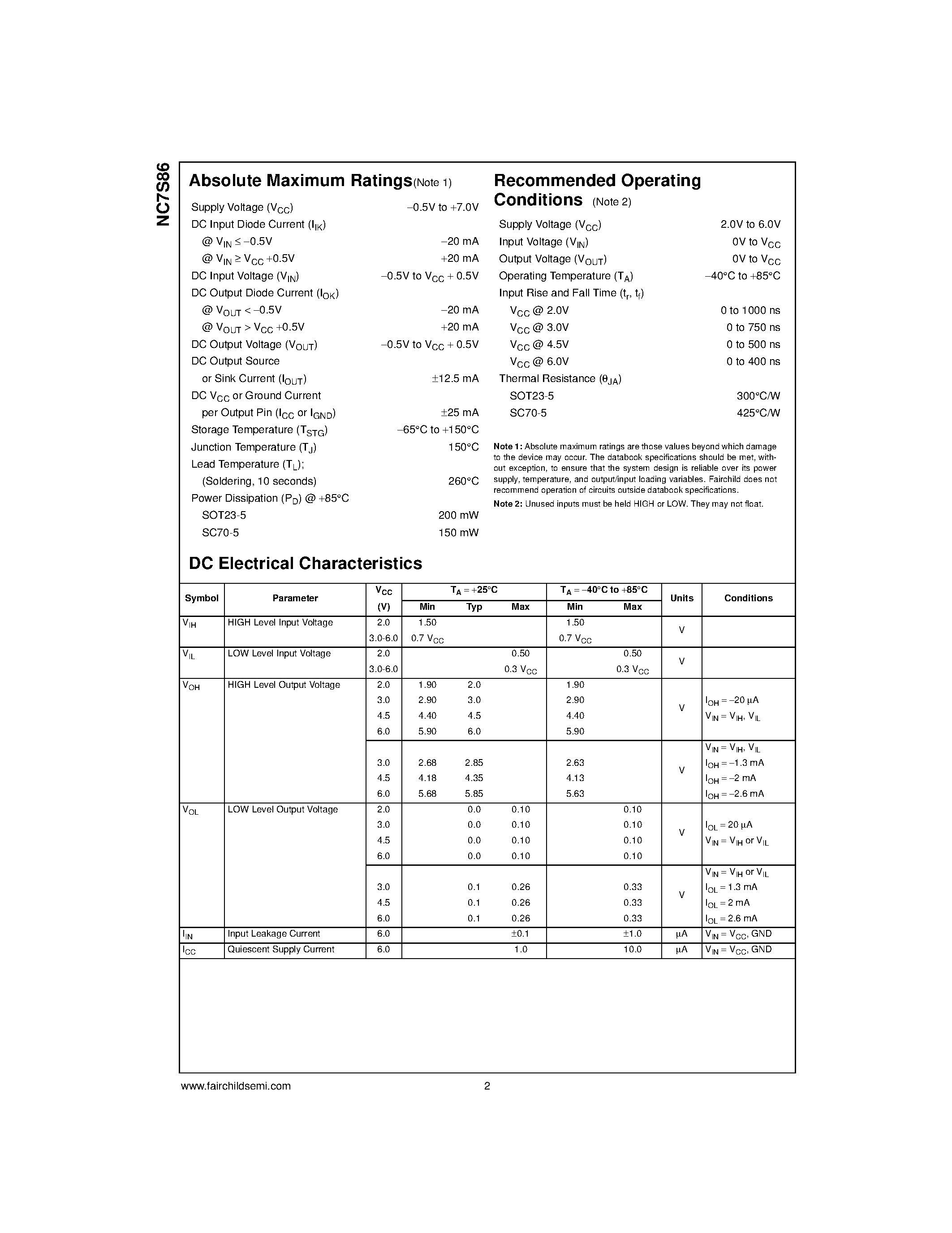 Datasheet NC7S86M5 - TinyLogic HS 2-Input Exclusive-OR Gate page 2