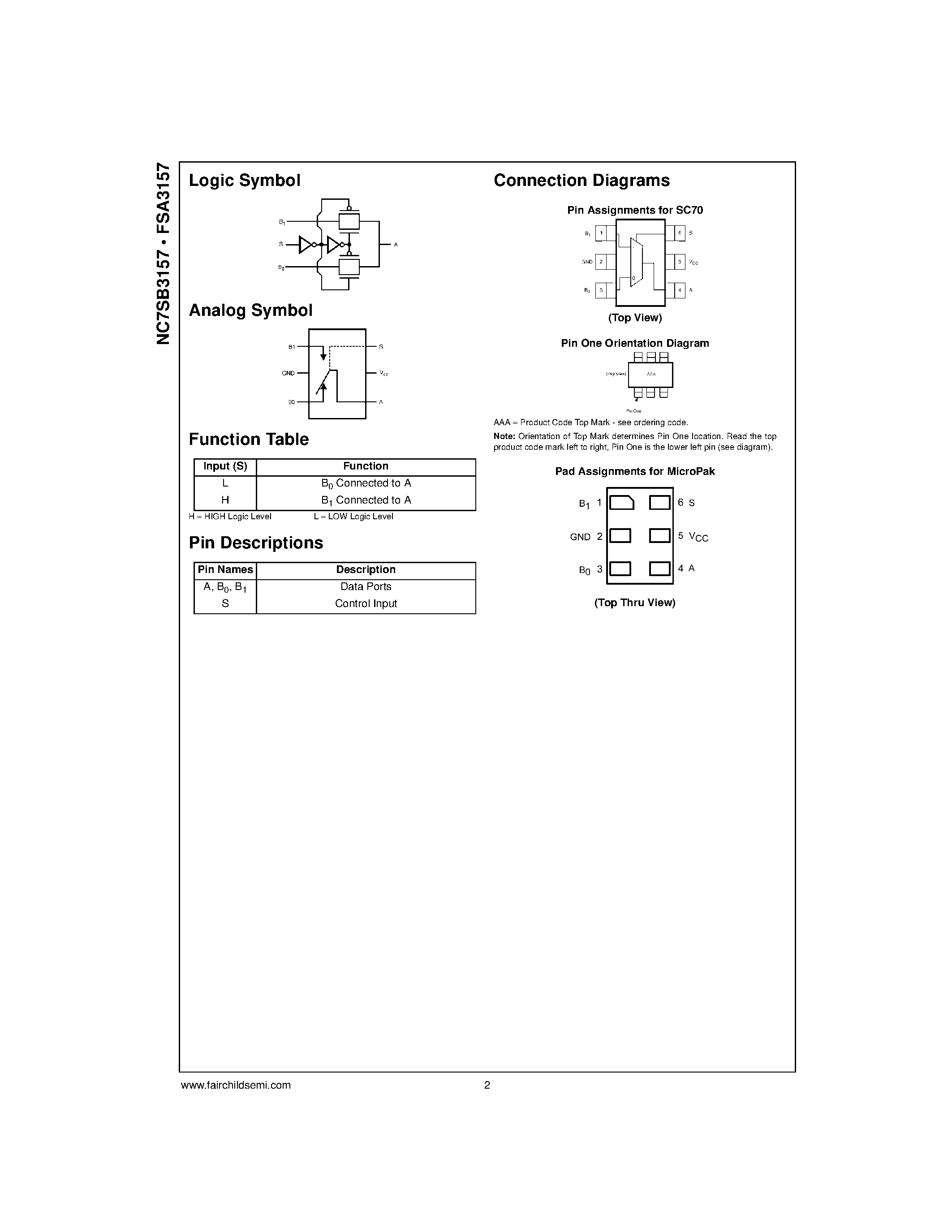 Datasheet NC7SB3157L6X - TinyLogic Low Voltage UHS SPDT Analog Switch or 2:1 Multiplexer/Demultiplexer Bus Switch page 2