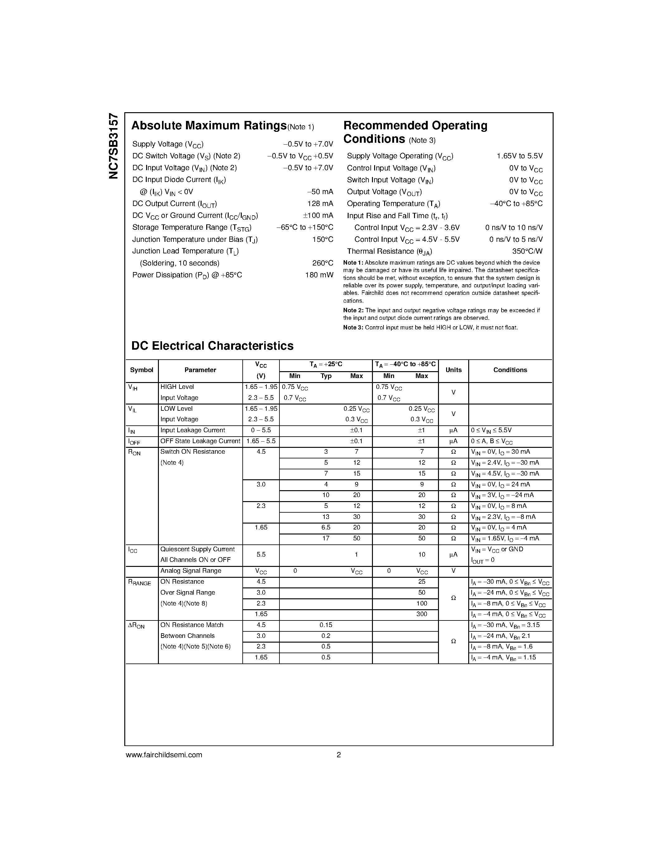 Datasheet NC7SB3157P6X - TinyLogic Low Voltage UHS SPDT Analog Switch or 2:1 Multiplexer/Demultiplexer Bus Switch page 2