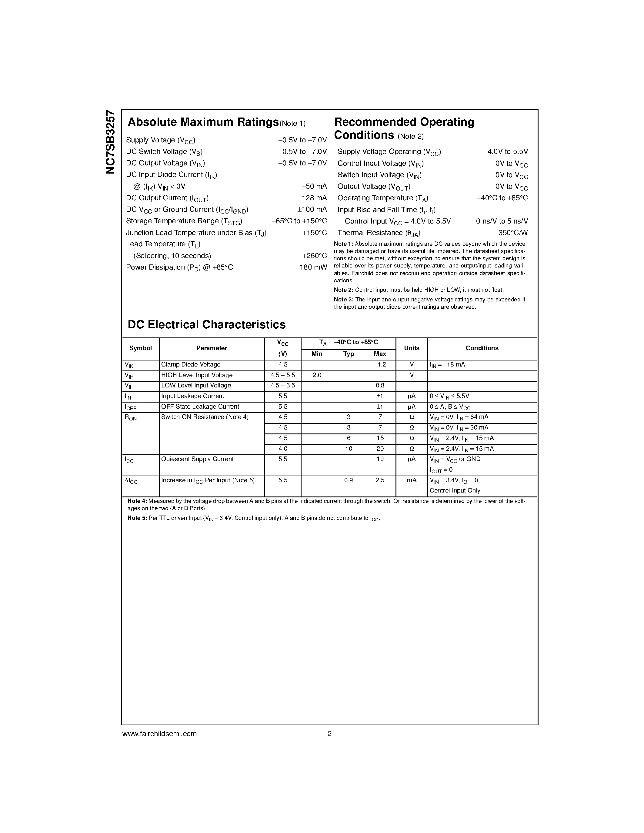 Datasheet NC7SB3257 - TinyLogic. UHS Single 2-to-1 Multiplexer/Demultiplexer Bus Switch page 2