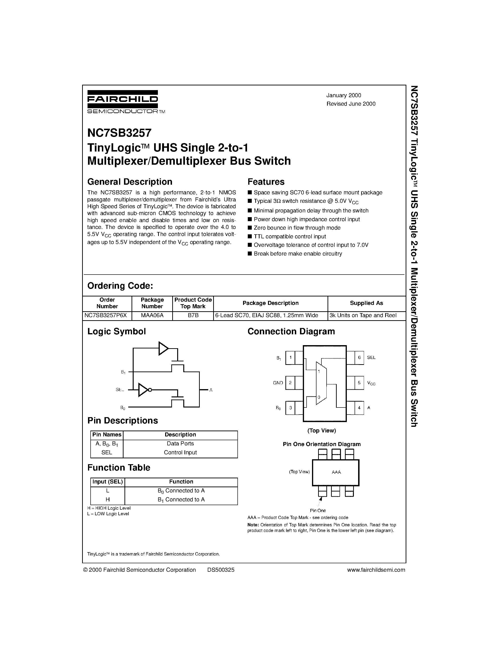 Datasheet NC7SB3257P6X - TinyLogic. UHS Single 2-to-1 Multiplexer/Demultiplexer Bus Switch page 1