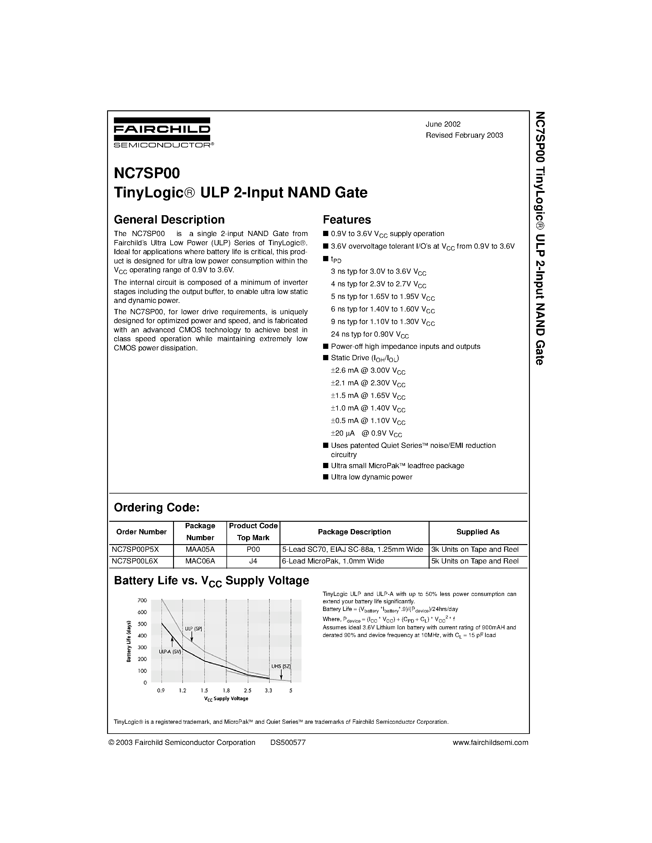 Datasheet NC7SP00 - TinyLogic ULP 2-Input NAND Gate page 1