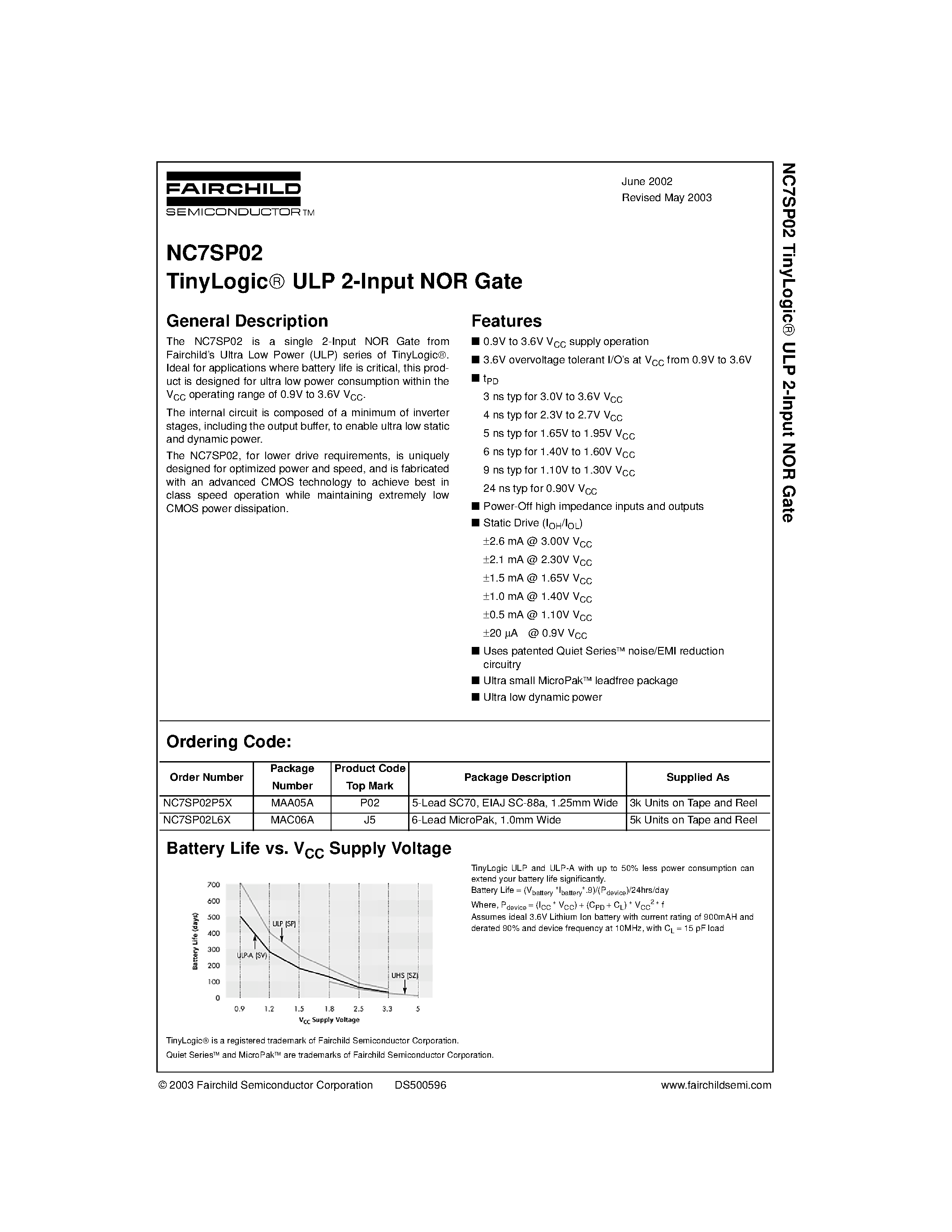 Datasheet NC7SP02L6X - TinyLogic ULP 2-Input NOR Gate page 1