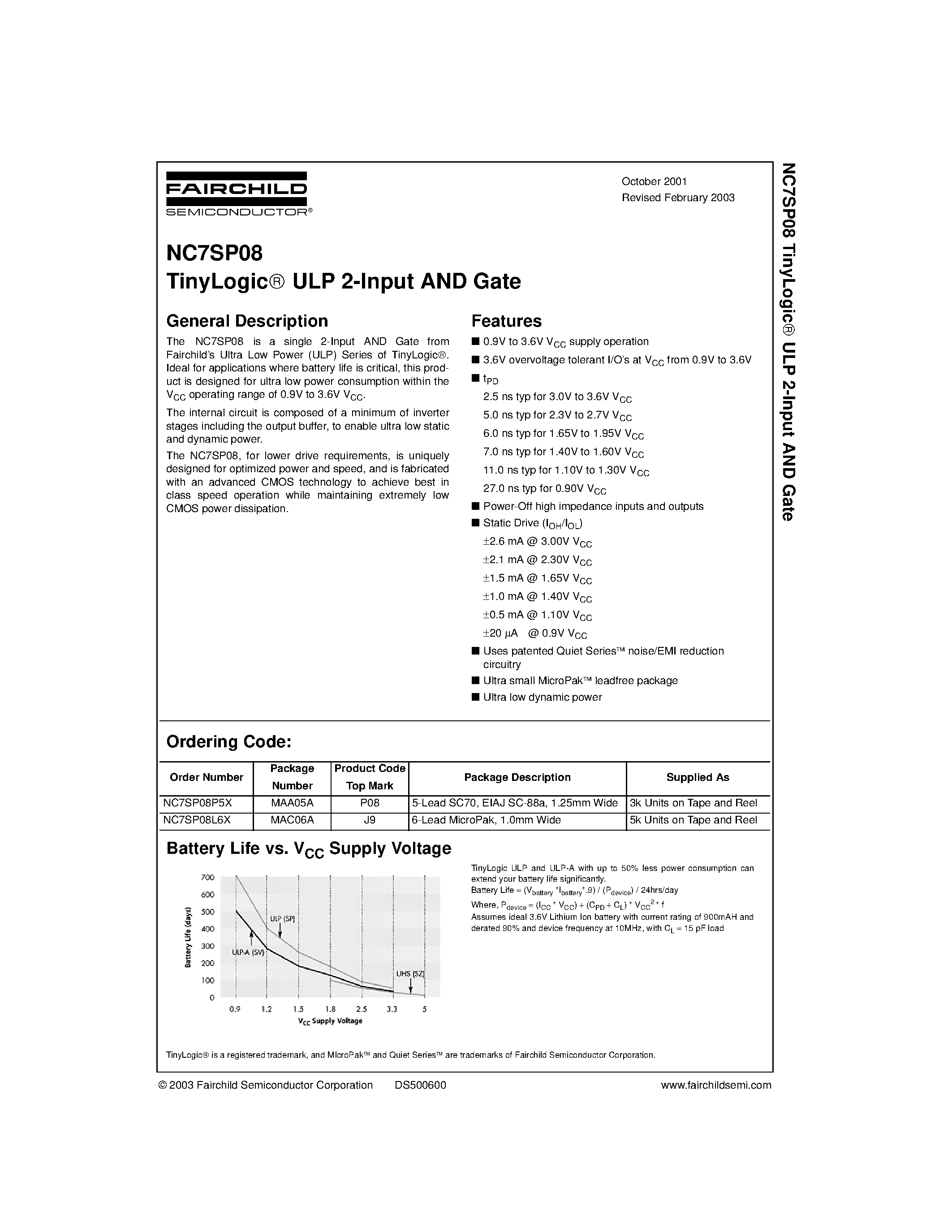 Datasheet NC7SP08 - TinyLogic ULP 2-Input AND Gate page 1