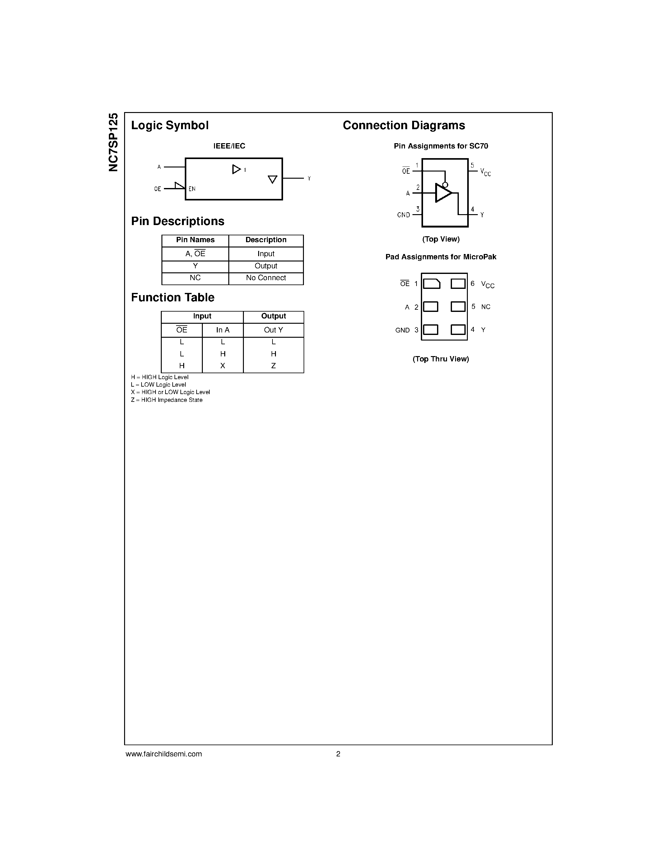 Datasheet NC7SP125 - TinyLogic ULP Buffer with 3-STATE Output page 2