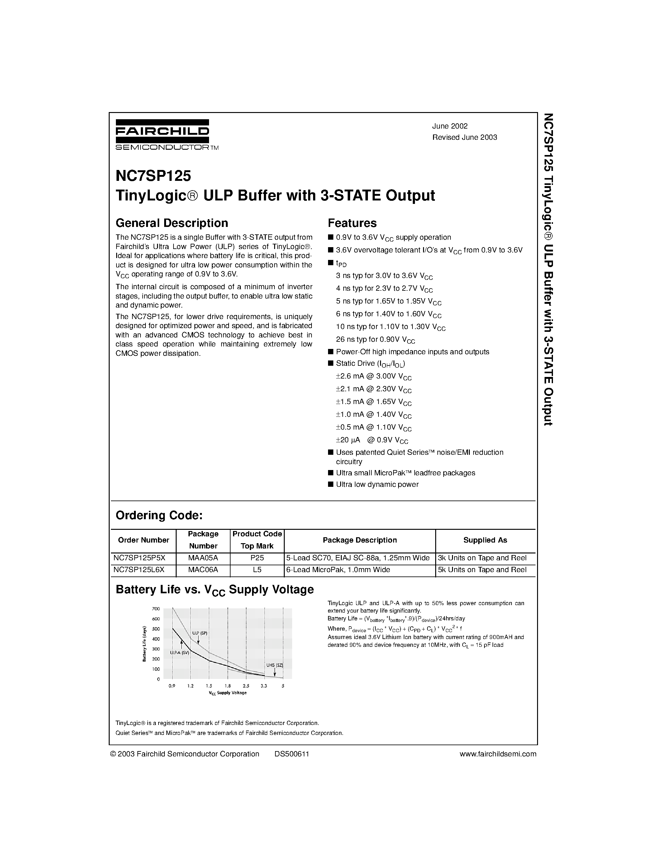 Datasheet NC7SP125P5X - TinyLogic ULP Buffer with 3-STATE Output page 1