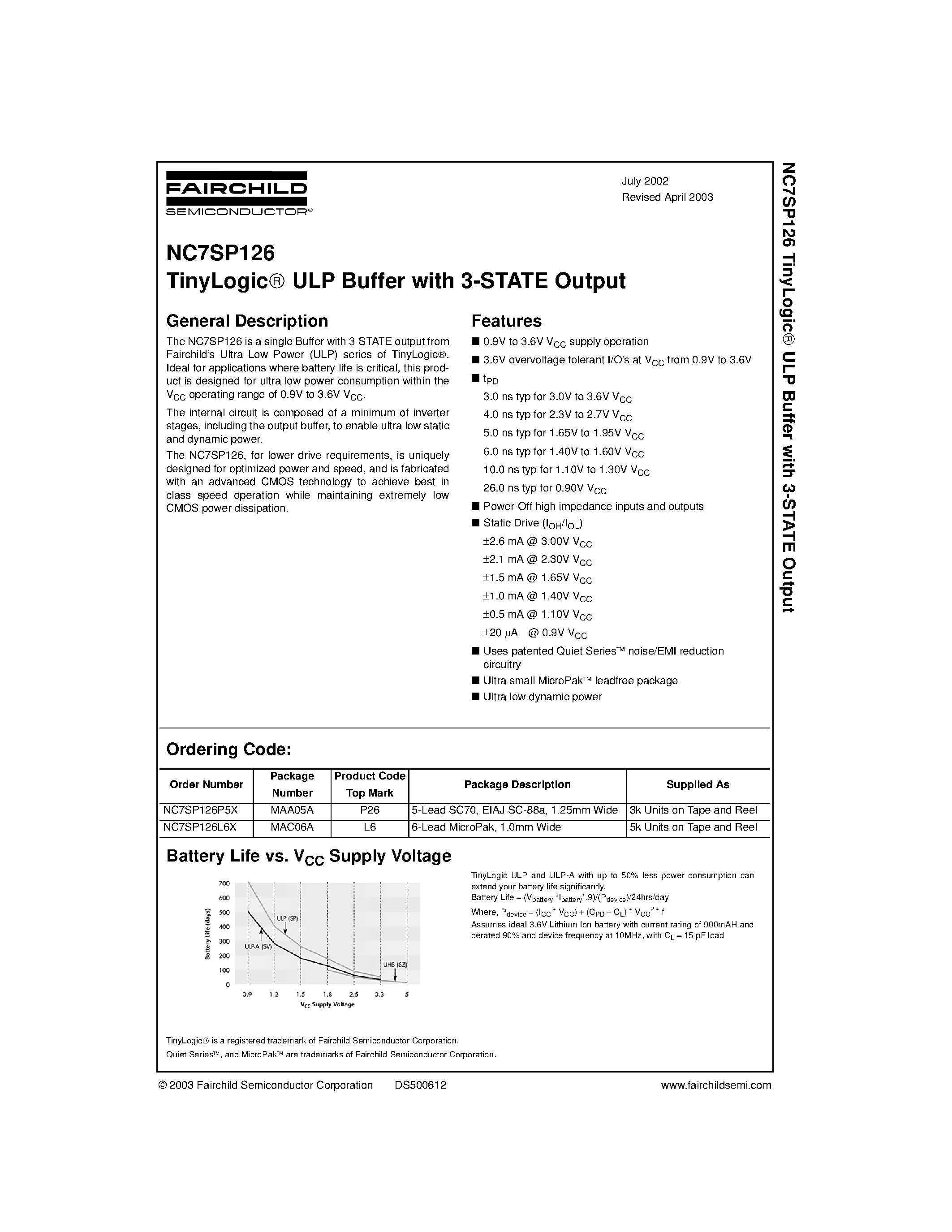 Datasheet NC7SP126P5X - TinyLogic ULP Buffer with 3-STATE Output page 1