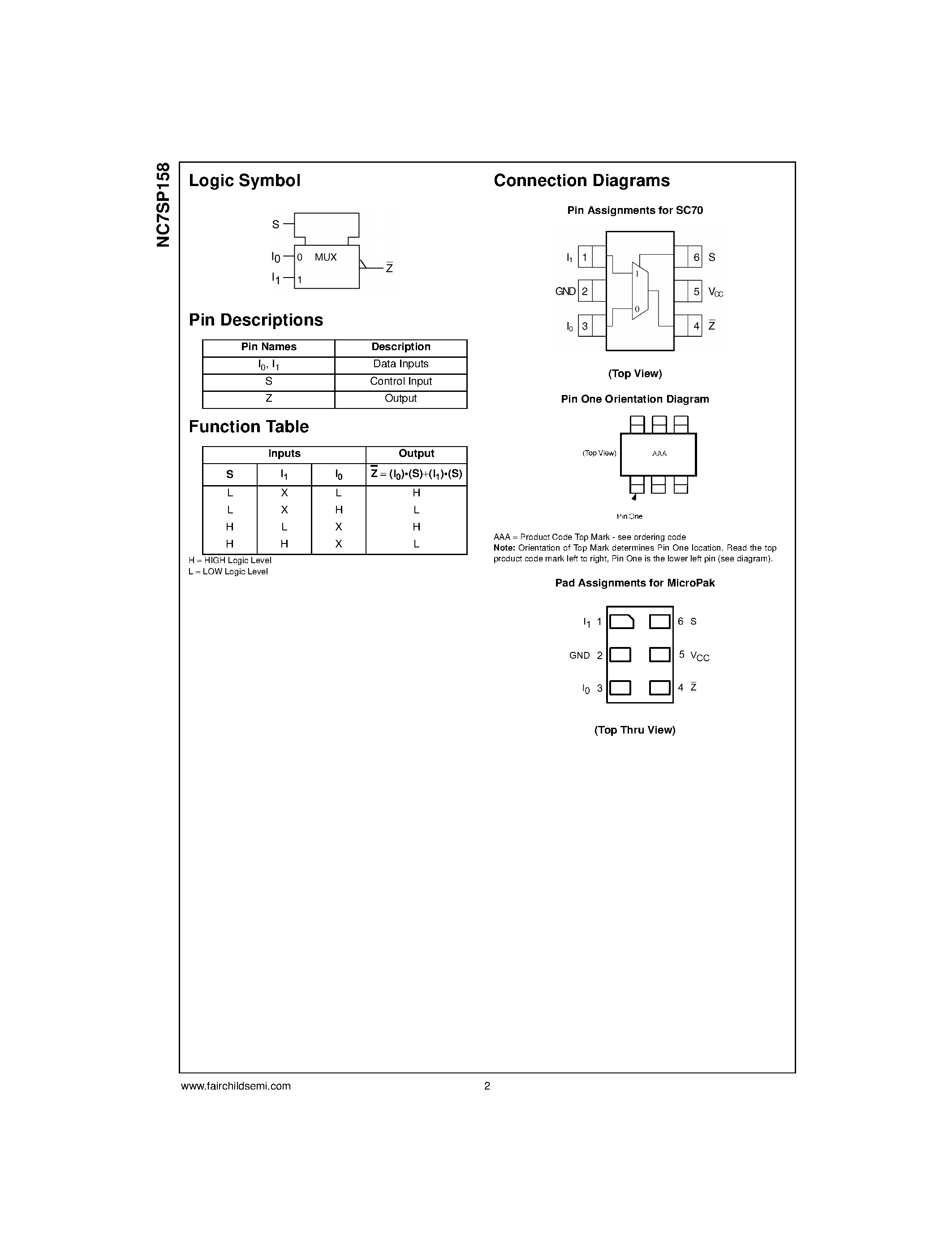 Datasheet NC7SP158 - TinyLogic ULP 2-Input Inverting Multiplexer page 2
