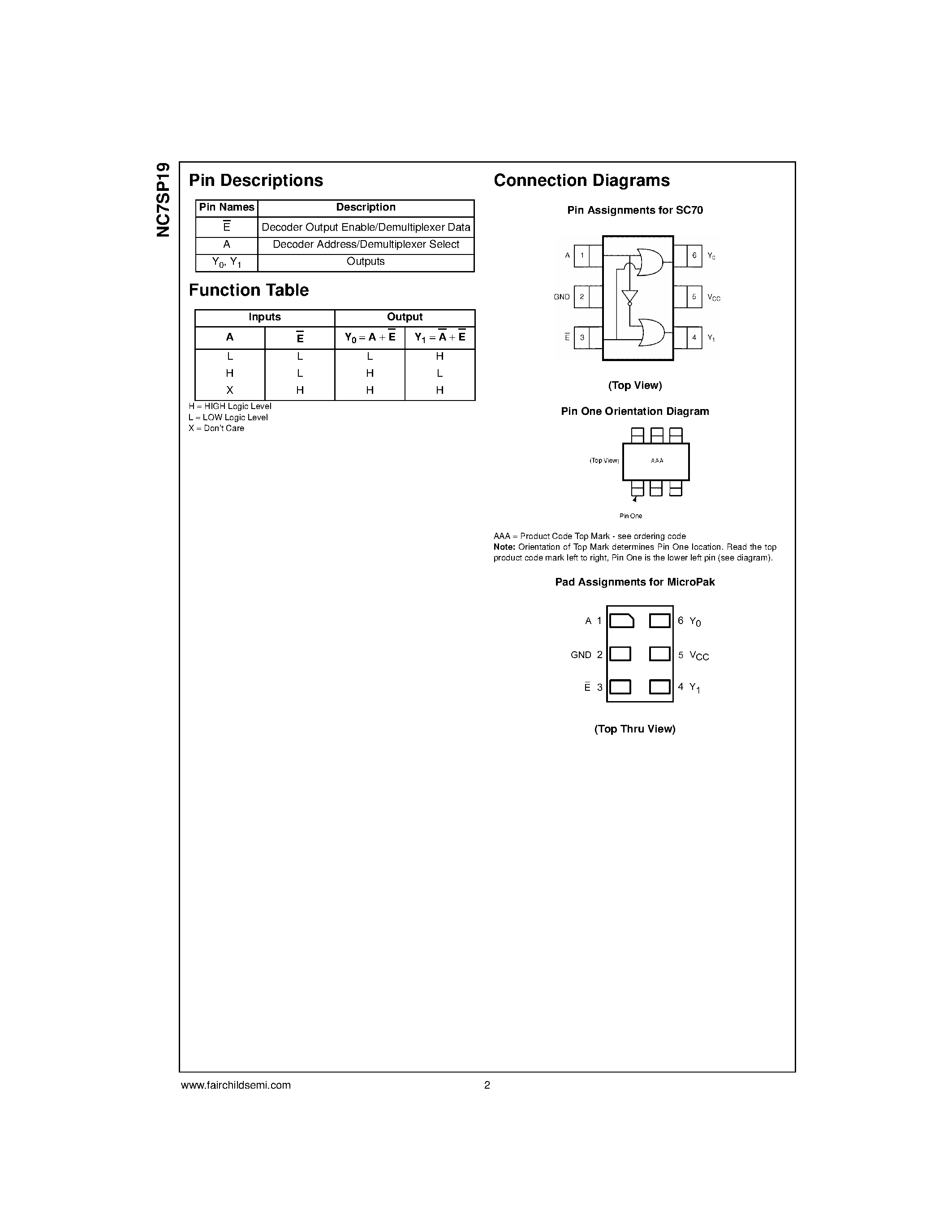 Datasheet NC7SP19L6X - TinyLogic ULP 1-of-2 Decoder/Demultiplexer page 2