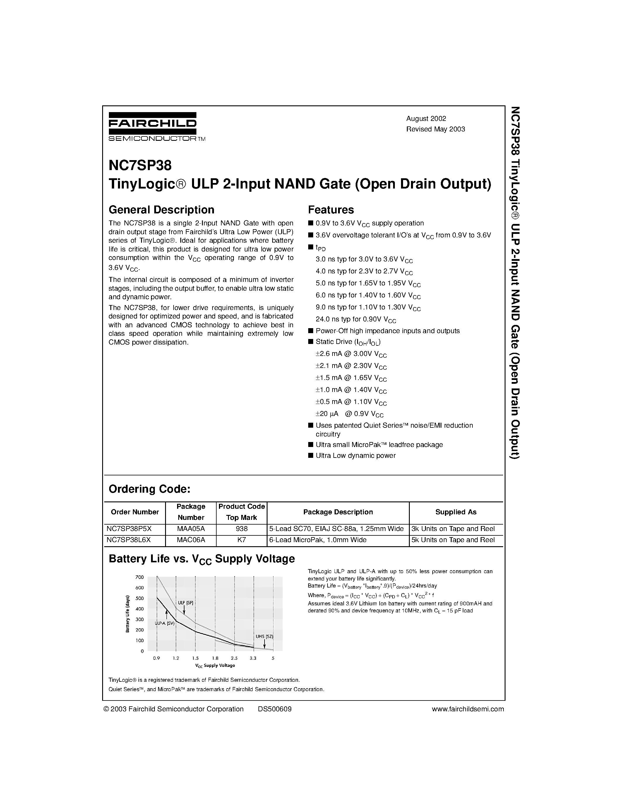 Datasheet NC7SP38 - TinyLogic ULP 2-Input NAND Gate (Open Drain Output) page 1