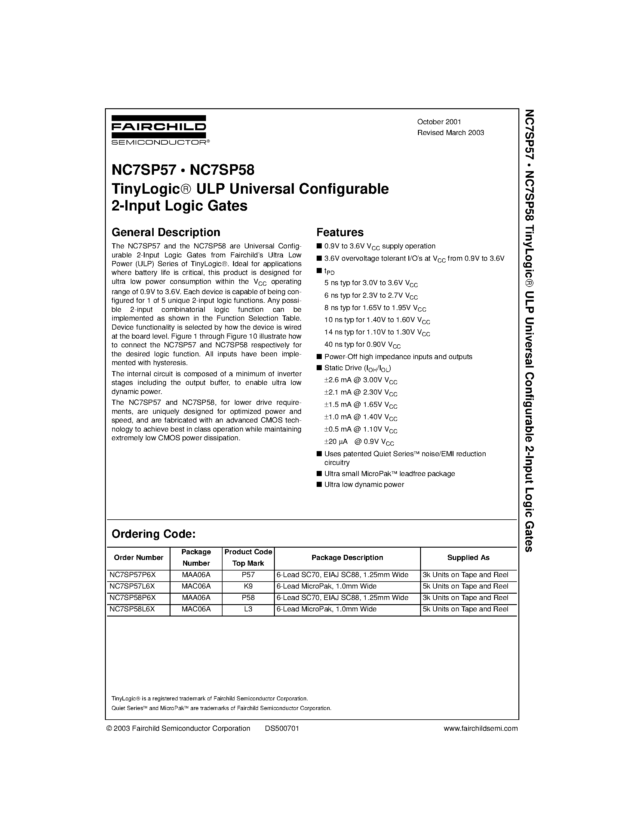 Datasheet NC7SP57 - TinyLogic. ULP Universal Configurable 2-Input Logic Gates page 1