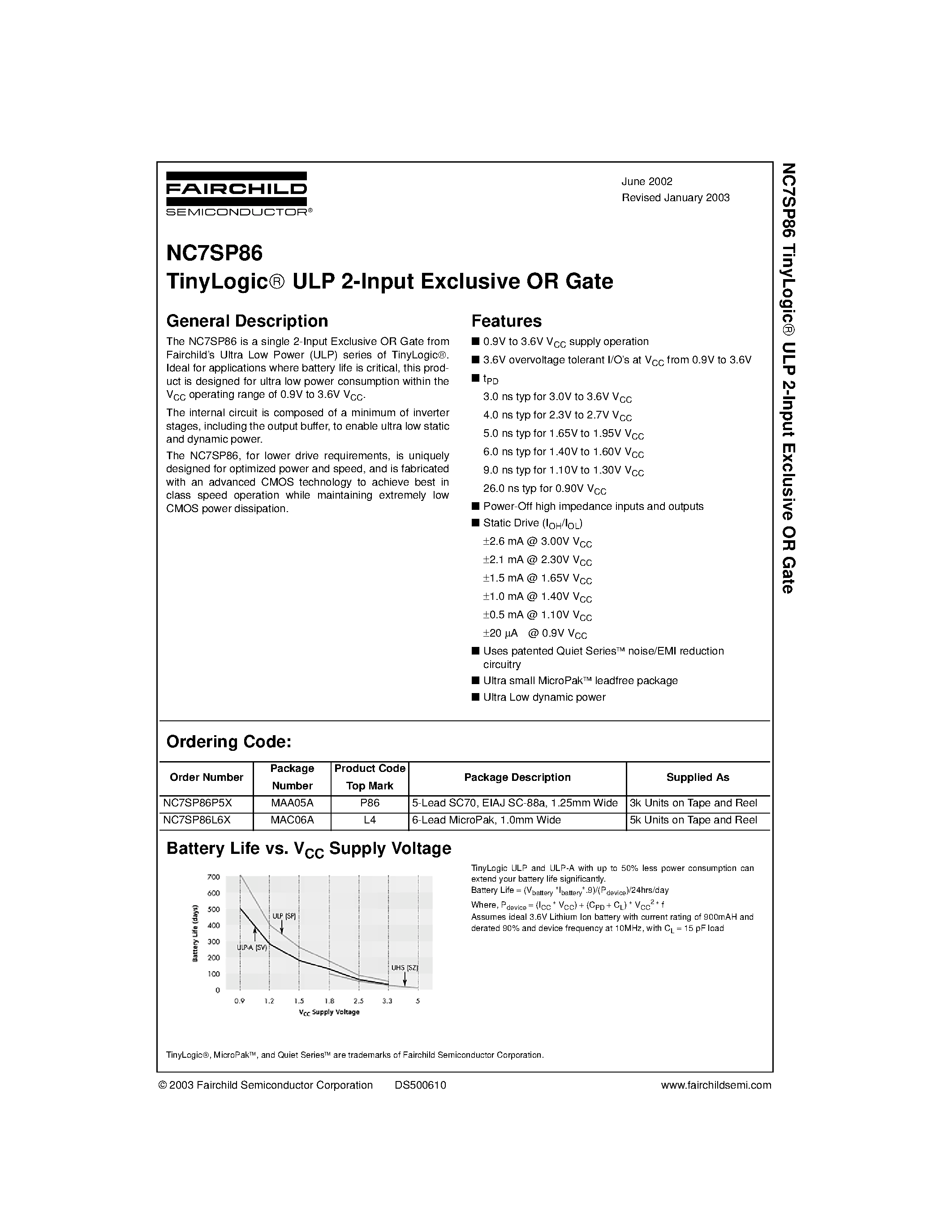 Datasheet NC7SP86L6X - TinyLogic ULP 2-Input Exclusive OR Gate page 1