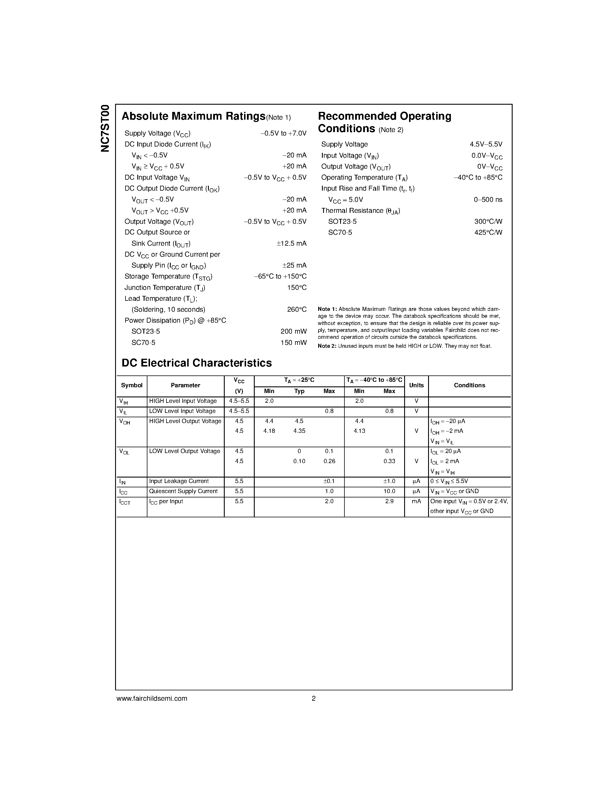 Datasheet NC7ST00P5 - TinyLogic HST 2-Input NAND Gate page 2