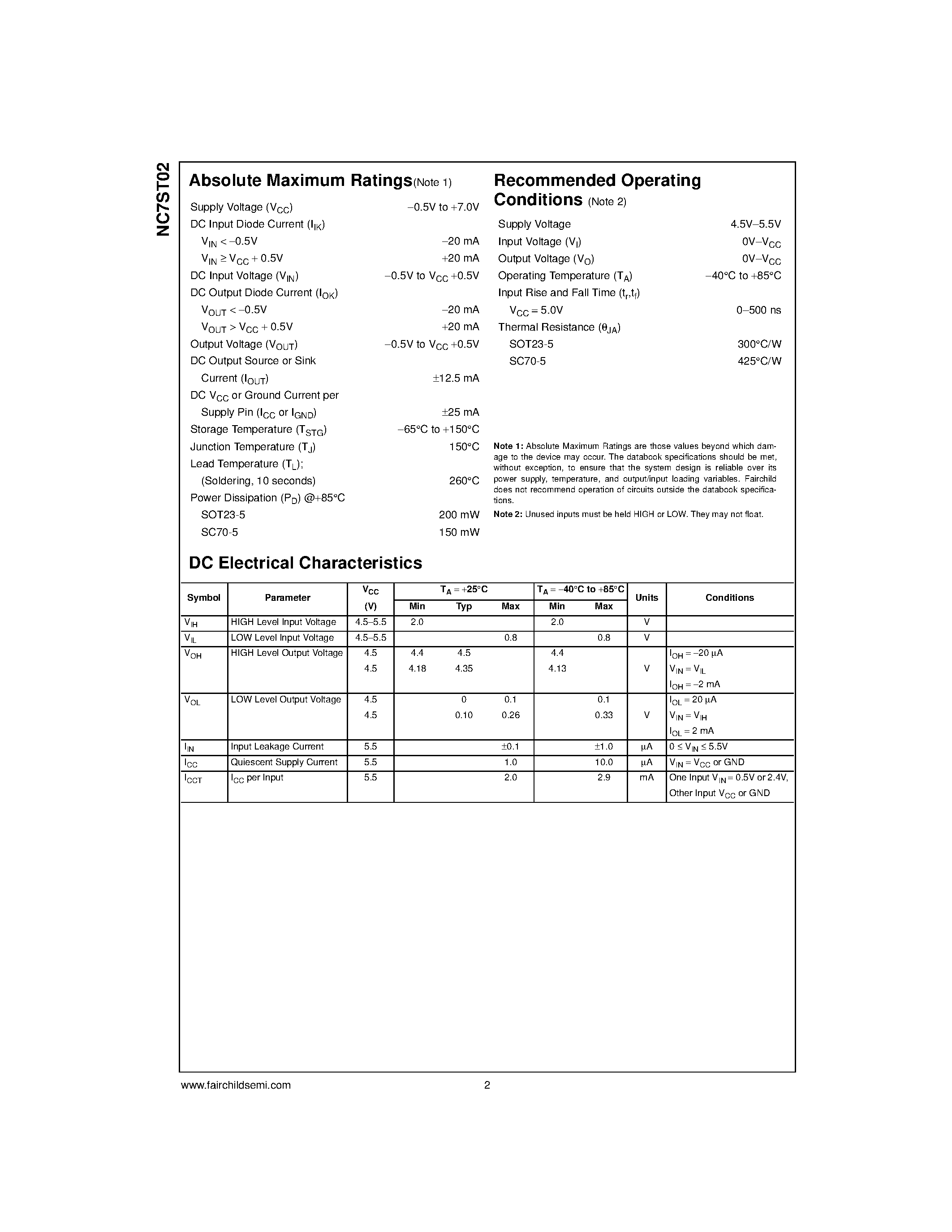 Datasheet NC7ST02M5X - TinyLogic HST 2-Input NOR Gate page 2